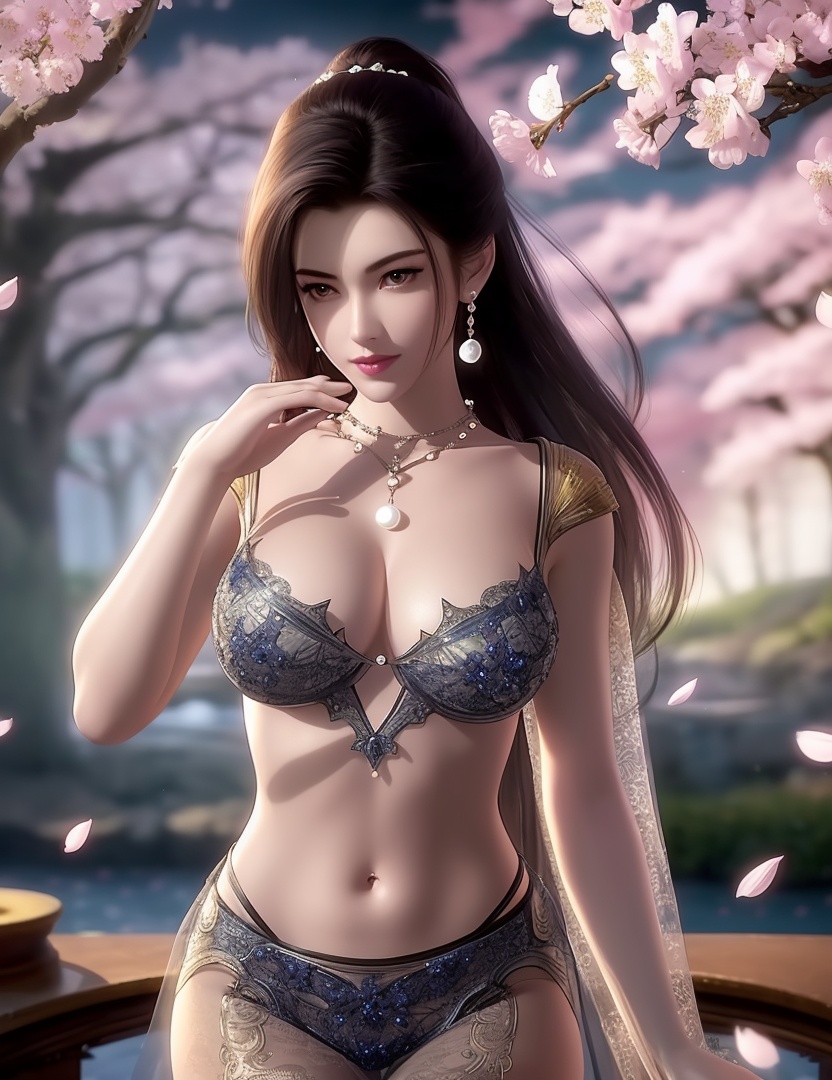 ultra realistic 8k cg, picture-perfect face, flawless, clean, masterpiece, professional artwork, famous artwork, cinematic lighting, cinematic bloom, perfect face, beautiful face, fantasy, dreamlike, unreal, science fiction,  beautiful clothes, lace, lace trim, lace-trimmed legwear,  (rich:1.4), prestige, luxury, jewelry, diamond, gold, pearl, gem, sapphire, ruby, emerald, intricate detail, delicate pattern, charming, alluring, seductive, erotic, enchanting, hair ornament, necklace, earrings, bracelet, armlet,halo((,1girl, pov,))(((,cherry blossoms, 1girl, solo, petals,looking at viewer, large breasts, hair flower, flower, outdoors, )))<lora:DA_CaoNvYaoNightwear:0.6>