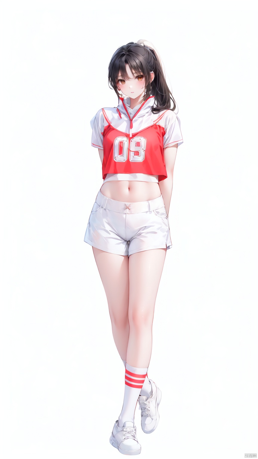 1girl, solo, long hair, shirt, black hair, white background, navel, brown eyes, standing, full body, ponytail, shoes, socks, midriff, crop top, white footwear, White denim shorts——Clear hand contour,Hand intact,Five fingers of the hand are clear, loli<lora:EMS-93-EMS:0.800000>, <lora:EMS-254762-EMS:0.500000>, <lora:EMS-260325-EMS:0.500000>