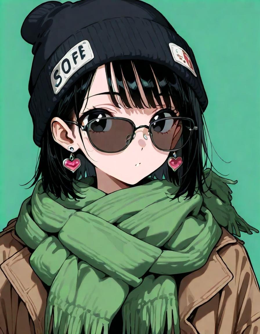score 9,score 8 up,score 7 up,1girl,black hair,jewelry,beanie,earrings,scarf,solo,green background,hat,sunglasses,heart,green scarf,simple background,heart earrings,upper body,short hair,bangs,looking at viewer,black eyes,