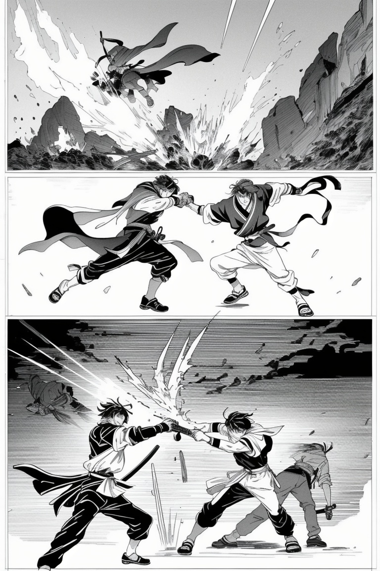 ((HRD, HUD, 8K)),((masterpiece, best quality)), highly detailed,Fight, monochrome, weapon, greyscale, sword, multiple boys, 2boys, japanese armor, armor, male focus, katana, sode, shoulder armor, shorts, holding, holding weapon, japanese clothes, gloves, holding sword, headband, battle, <lora:20240514-1715656820714:0.8>