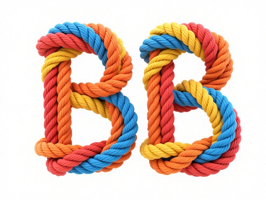 IPBD,This is a digital CGI image featuring a colorful, abstract, knotted rope design. The rope is intricately coiled and intertwined, forming the letters "BB" in a playful, three-dimensional style. The rope is colored in vibrant shades of red, orange, yellow, and blue, creating a visually striking contrast against the white background. 