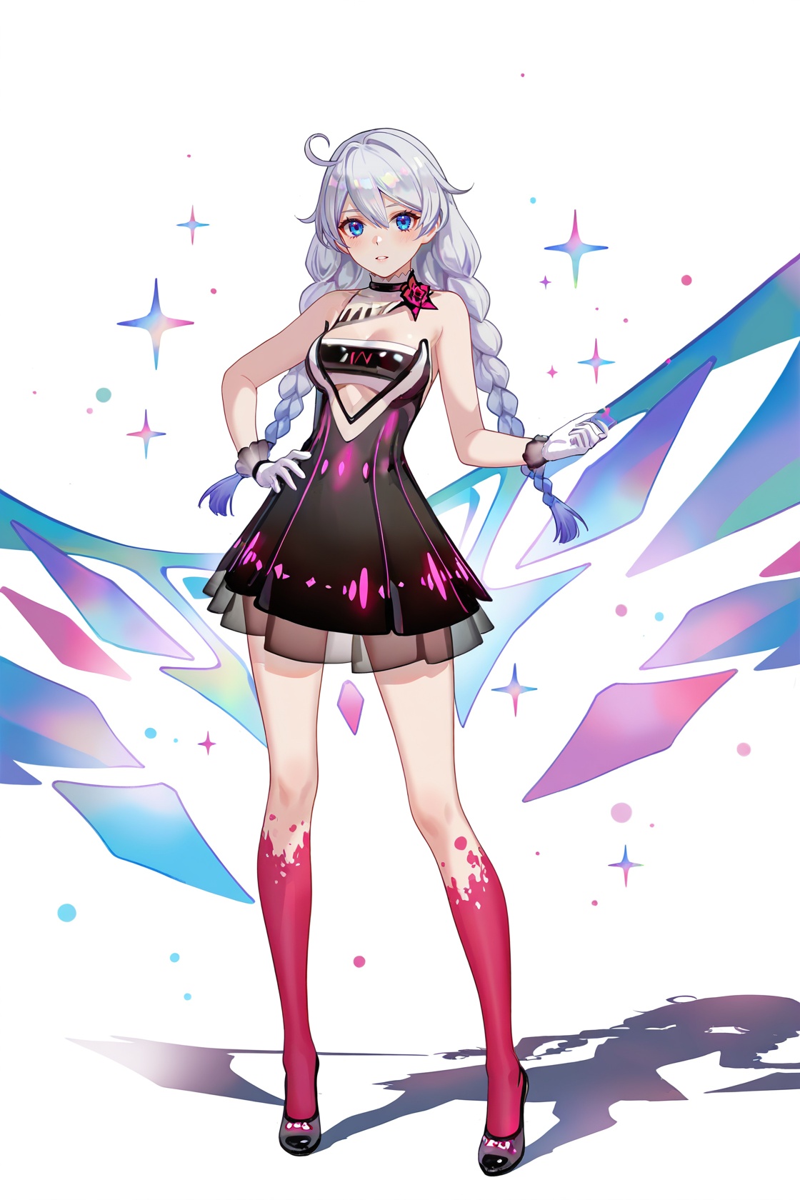 8k,best quality,masterpiece,(ultra-detailed),(high detailed skin),((artist:reoen),(artist:fuzichoco),(artist:atdan),(artist:torino_aqua),year 2024:0.8)1girl,[artist:wlop],[artist:ningen_mame],artist:ciloranko,[[artist:rhasta]],artist:tidsean,colorful,detailed light,light leaks,sunlight,bokeh,blurry foreground,ray tracing,lens flare,cinematic lighting,full body,full shot,standing,looking at viewer,(solo:1.2),simple background,(white background:1.2),hand on own hip,(white background:1.1),<lora:kiana-young-noob-Tanger:0.8>,kiana kaslana,geji,geji dress,6th clothes,1girl,blue eyes,braid,long hair,twin braids,dress,white gloves,bare shoulders,A full-body portrait of a young girl,standing gracefully,pastel art style,high-key lighting,shoujo manga influence,hd quality,delicate details,