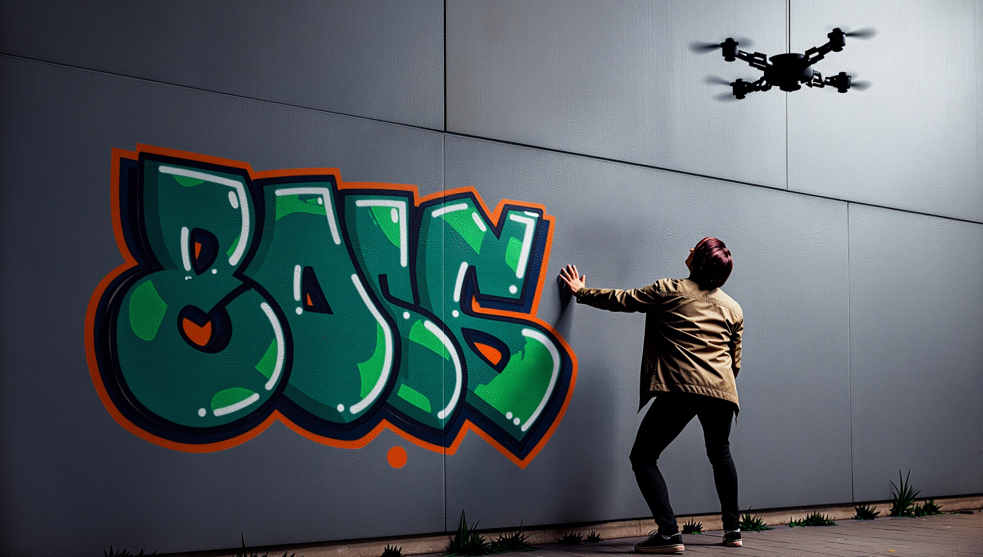 Young rebel spray-painting graffiti on a wall,  chased by drones on Tensor.Art