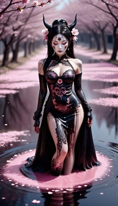 Surrealist art A raw full body photo of a woman,(wearing intricate traditional Oni Mask),tattooed,straight black hair,wearing a delicate black and pink dress accentuated by black lace,(laying down in puddle of shiny black liquid oil),pink cherry blossoms,largebreasts,cleavage,dim lighting,floating dust particle,bokeh,view from above,best quality,HD,highly detailed,bokeh,macro photography,. Dreamlike,mysterious,provocative,symbolic,intricate,detailed,