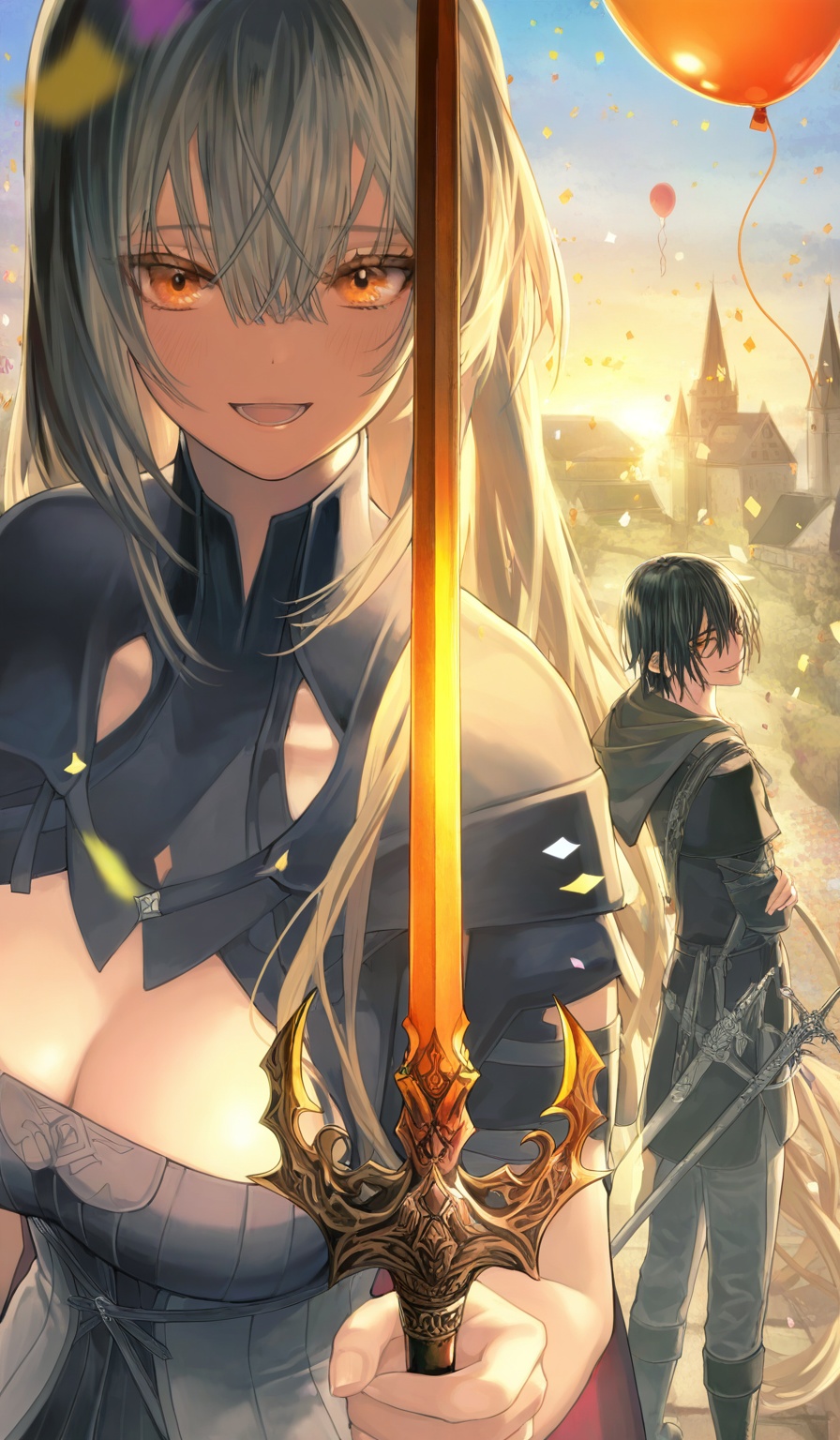 <lora:鵜飼沙樹-Style-000060:1>,highres,absurdres,newest,very awa,masterpiece,best quality,year 2024,(upper body:1.6),1girl, weapon, sword, long hair, holding, holding weapon, 1boy, holding sword, balloon, very long hair, dress, black hair, confetti, blonde hair, outdoors, smile, orange eyes, boots, breasts, looking at viewer, hood, open mouth, cleavage, sky, hair between eyes