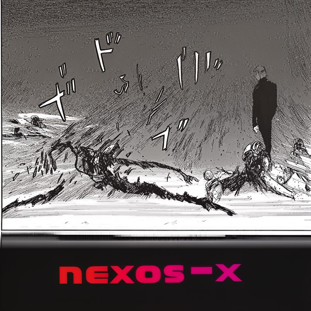 this image depicts a dynamic,  high-contrast black and white manga-style action scene set against a dark gray background....