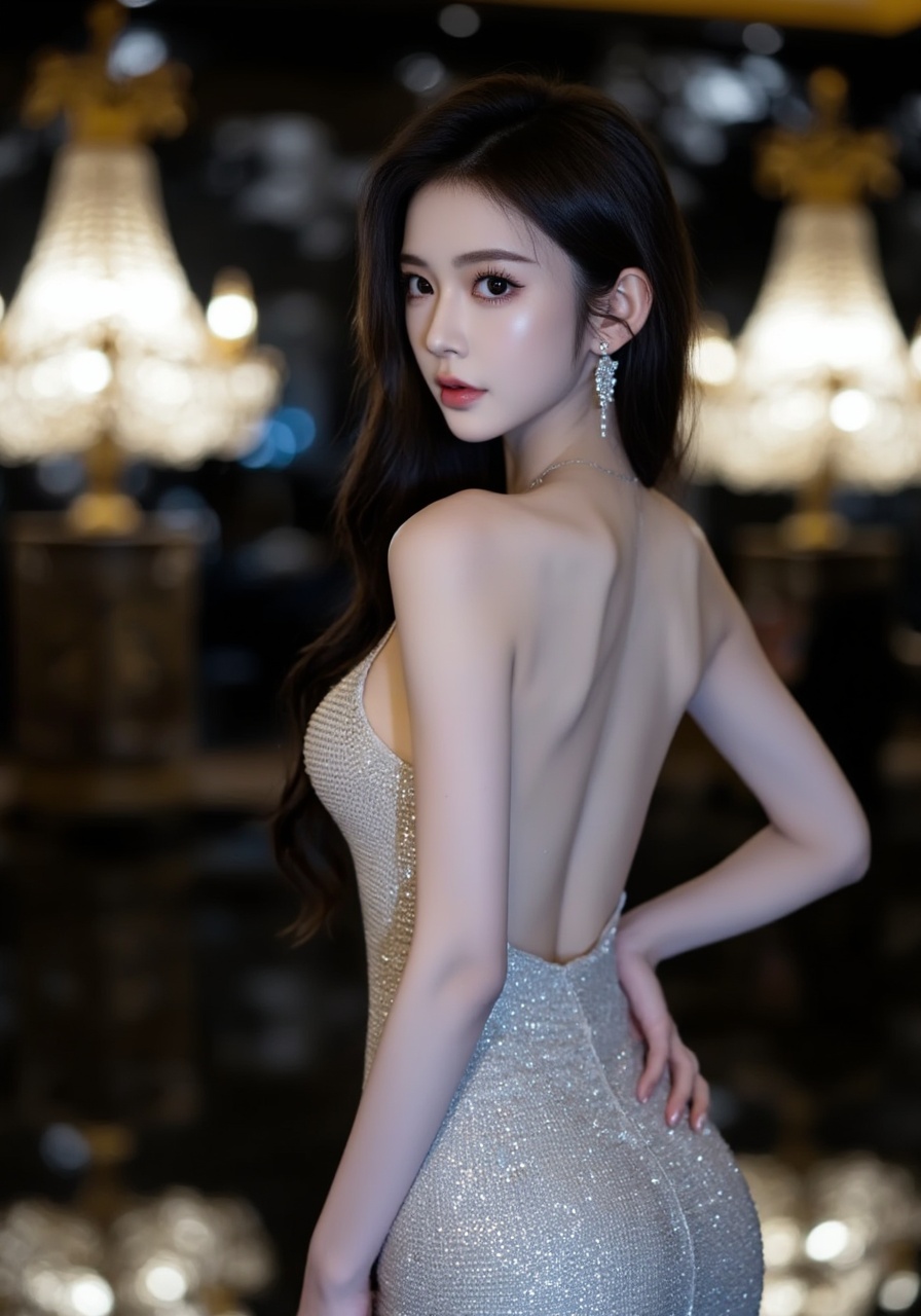 The photograph captures a young Asian woman with a delicate,porcelain-like complexion and long,wavy dark brown hair cascading over her shoulders. She has large,expressive eyes with a subtle smoky eye makeup,and her lips are painted a soft pink. She is wearing a form-fitting,sleeveless,silver sequin dress that hugs her slender physique,highlighting her small to medium-sized breasts. Her dress has a plunging back,revealing her bare shoulders and back. She accessorizes with a pair of elegant,dangling earrings adorned with small,sparkling crystals. The background is blurred,featuring a luxurious setting with golden chandeliers and a dark,reflective surface,possibly a pool or a mirror,that reflects the chandeliers and creates a shimmering effect. The lighting is soft and diffused,enhancing the ethereal quality of the scene. The overall aesthetic is glamorous and elegant,emphasizing the subject's beauty and the opulent environment,<lora:3e752b:0.75>,