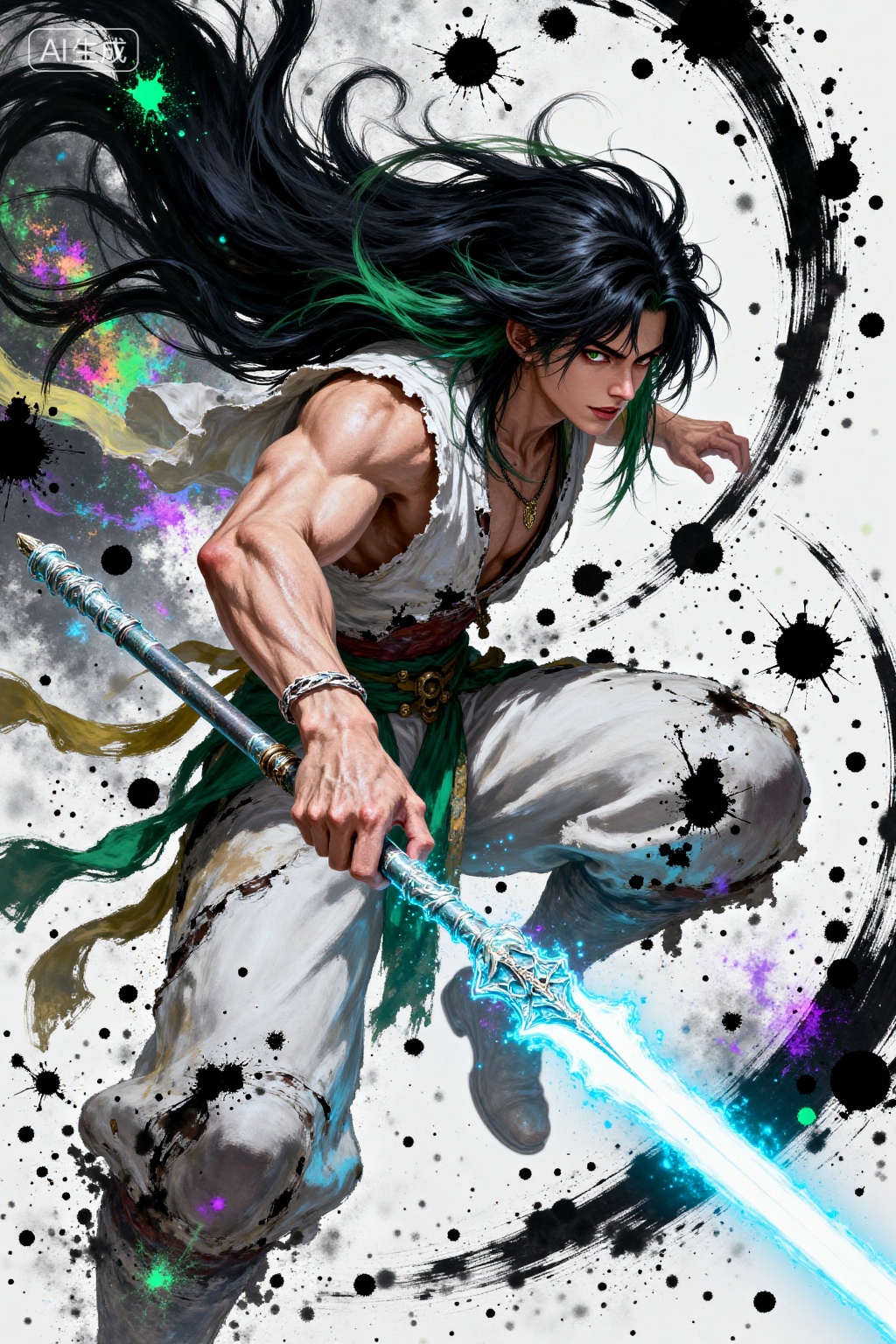 A dynamic digital artwork of a muscular,androgynous warrior with long,flowing black hair and green streaks,wielding a glowing spear. They wear a white,tattered outfit with green accents,set against a chaotic,abstract background of black and white splatters with vibrant splashes of color. The character's intense expression and dynamic pose convey action and determination.,, Negative prompt: ng_deepnegative_v1_75t,(badhandv4:1.2),EasyNegative,(worst quality:2),,nsfw, Steps: 20, Sampler: Euler, CFG scale: 3.5, Seed: 911136382, Size: 1024x1536, Model hash: 8cba4f1ef4, Model: F.1基础算法模型-哩布在线可运行_F.1-dev-fp8.safetensors, Denoising strength: 0, RNG: CPU, Lora 1: 20250924-1758728956383-0005, Lora Hash 1: ad89eec96e, Lora Weight 1: 0.8, vae_name: automatic