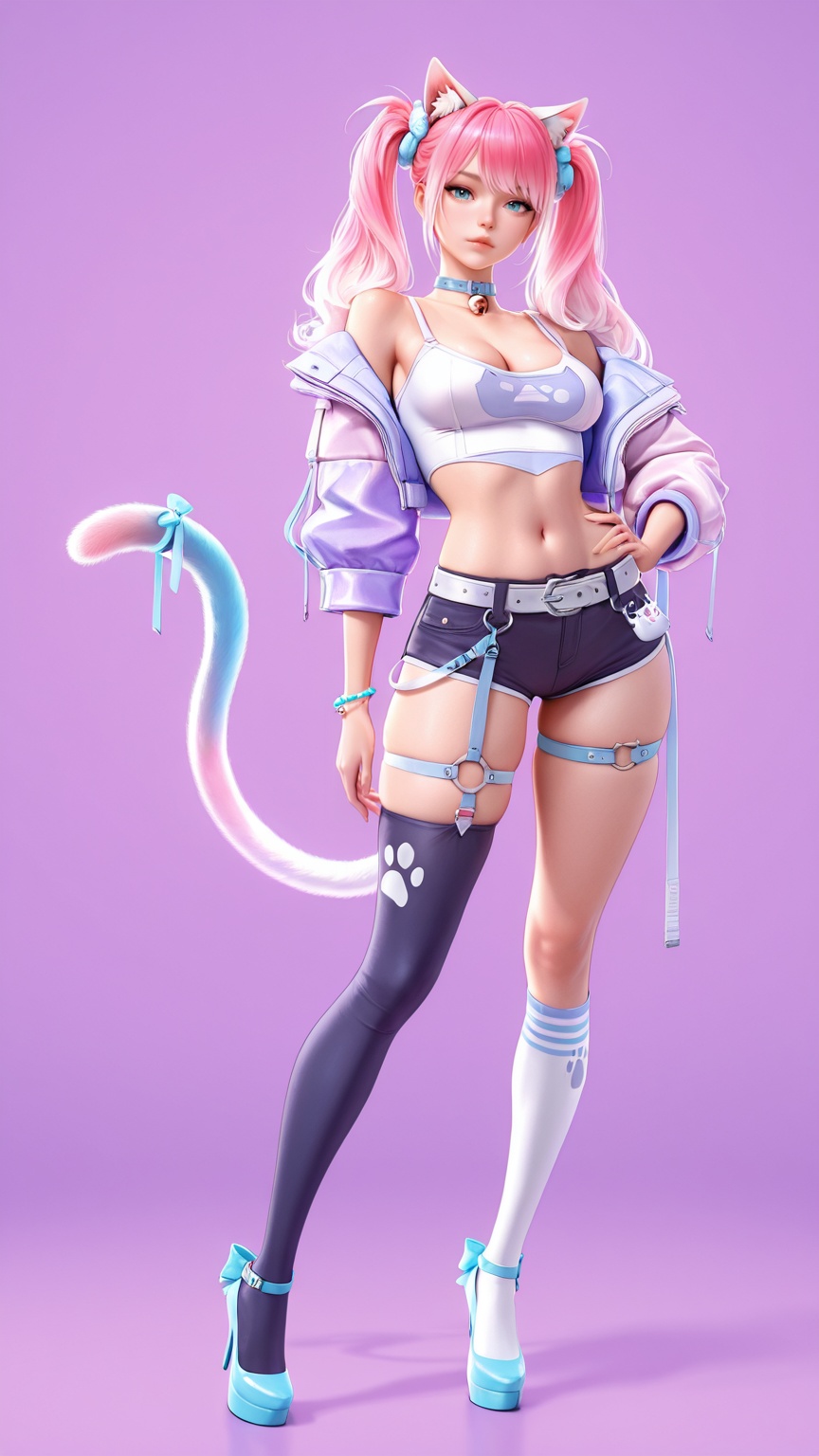 masterpiece,best quality,amazing quality,<lora:3d-000029:0.8>,unreal 3DCG,looking at viewer,upper body,unreal 3DCG,1girl,animal ears,solo,asymmetrical legwear,cat ears,tail,pink hair,thighhighs,breasts,twintails,shorts,full body,navel,medium breasts,bracelet,jewelry,hand on own hip,socks,cat tail,uneven legwear,looking at viewer,thigh strap,bell,midriff,multicolored hair,jacket,underwear,choker,collar,mismatched legwear,neck bell,gradient hair,cleavage,crop top,long hair,single thighhigh,purple background,short shorts,high heels,single sock,lips,belt,kneehighs,