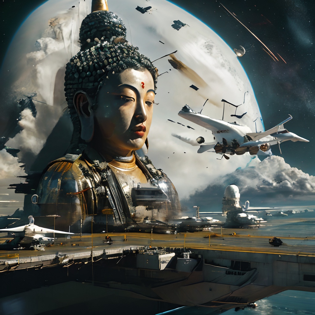 Sakyamuni,A tall portrait,guangzy,cloud,aircraft,sky,military,airplane,day,military vehicle,no humans,science fiction,scenery,spacecraft,watercraft,armor,<lora:jinlong_20240210181031:0.8>, masterpiece, best quality,