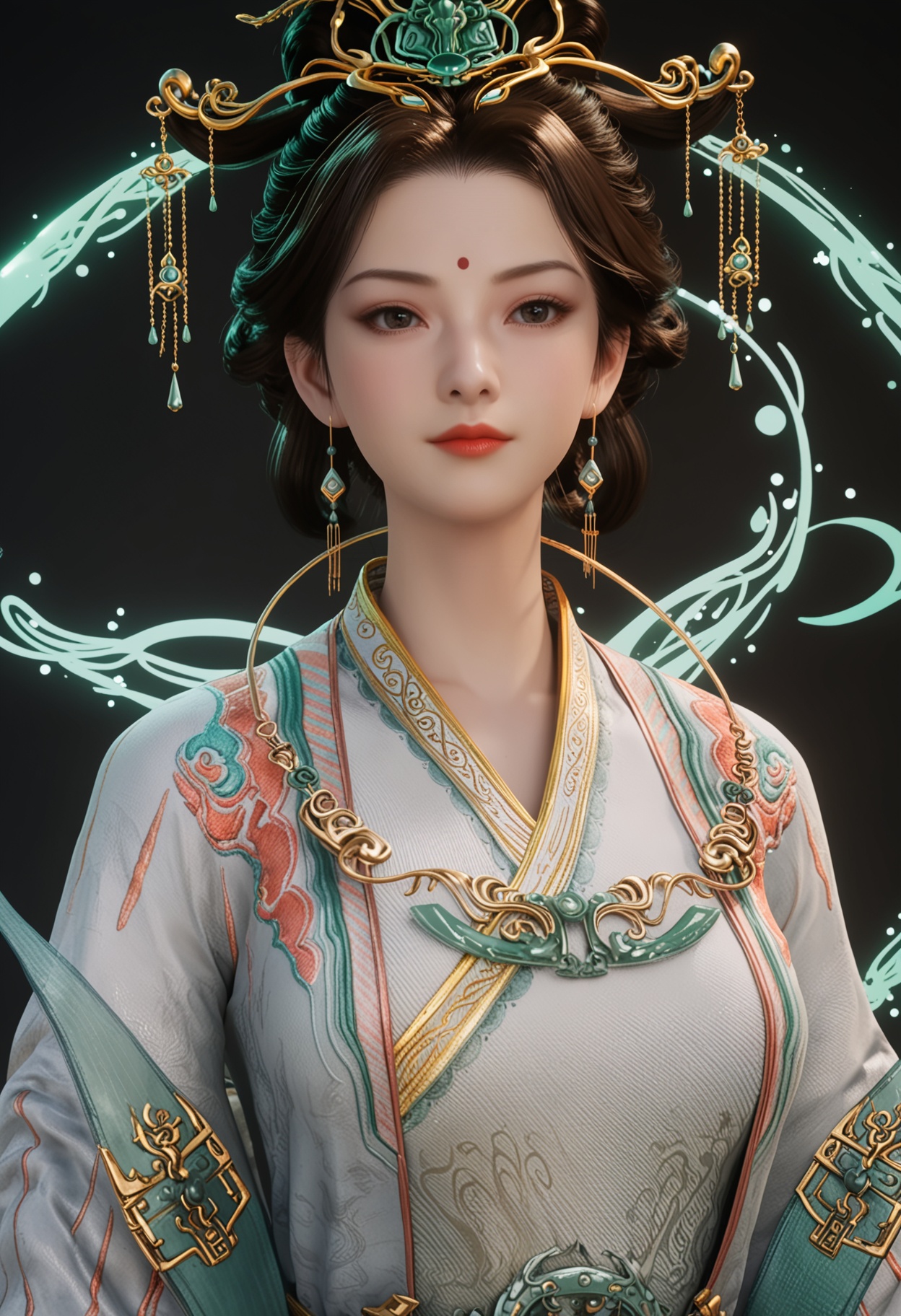 (upper_body:1.2),score_9,score_8_up,masterpiece,(best quality),intricate details,facing viewer,(looking at viewer:1.1),<lora:YQ_pony_xiwangmu_V4:0.8>,q1528437228,1girl,solo,jewelry,earrings,hair ornament,black hair,chinese clothes,forehead mark,red lips,long sleeves,makeup,dress,hanfu,hair bun,updo,brown hair,black eyes,wide sleeves,brown eyes,hair stick,shawl,necklace,hair rings,forehead jewel,single hair bun,hagoromo,BREAKscore_9,score_8_up,masterpiece,(best quality),perfect anatomy,(hourglass),perfect face,(simple background,pure black background,black background:1.1),fair_skin,shiny_skin,Ivory_skin,