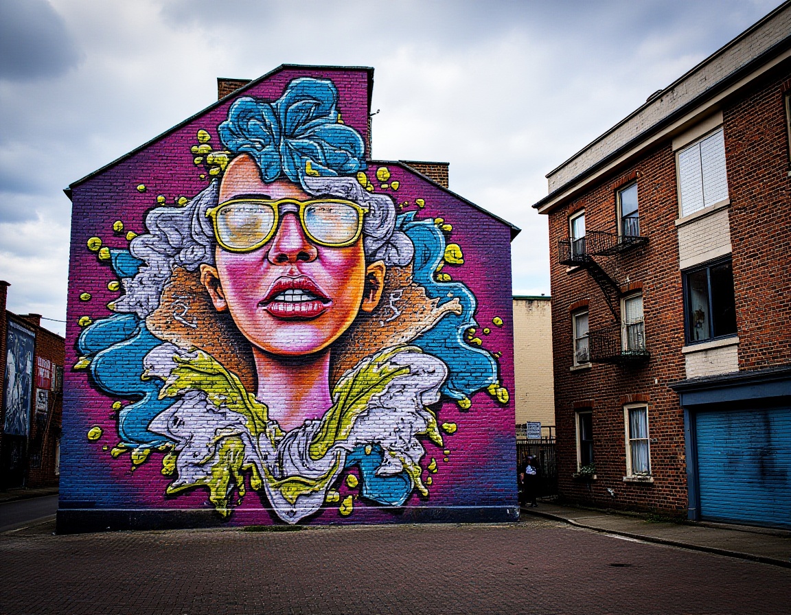 streetart graffiti of a beautiful painting spread across multiple buildings on Tensor.Art