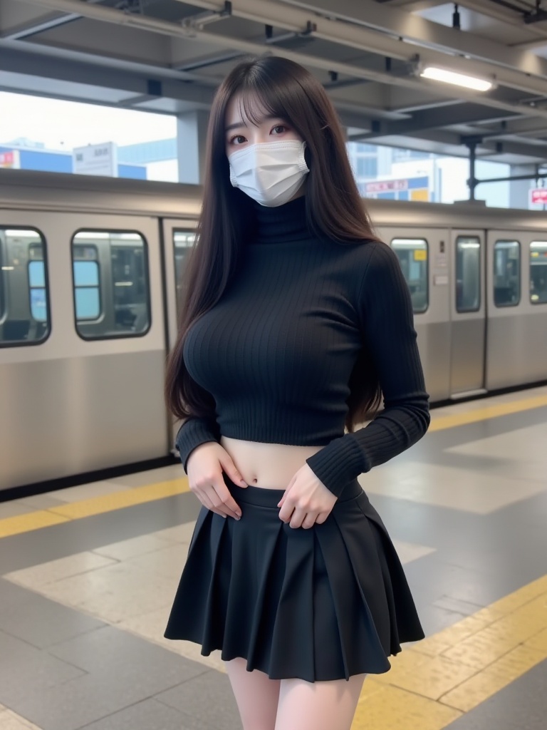 wear mask,A long black hair Asian woman wearing a mask,wearing a short skirt,side the station