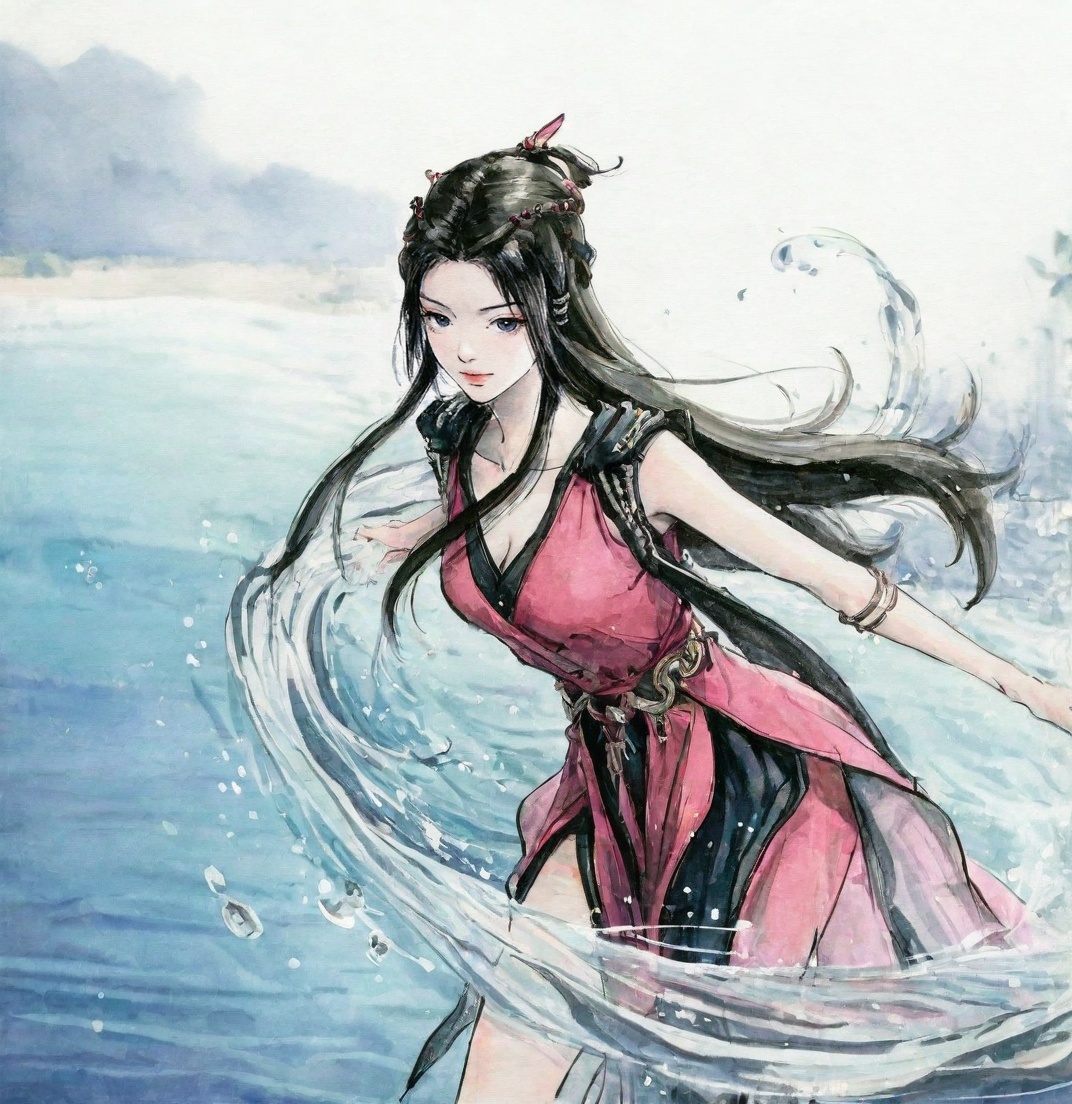 ((very awa)),solo,highly detailed,(best quality),((masterpiece)),1girl,chi,<lora:鸽正则nbXL:0.2>,ge,<lora:chi正则100nbXL:0.8>,traditional media,painting \(medium\),watercolor \(medium\),looking_at_viewer,<lora:元瑶nbXL:0.8>,yuanyao,long hair,hair ornament,water,cowboy_shot,