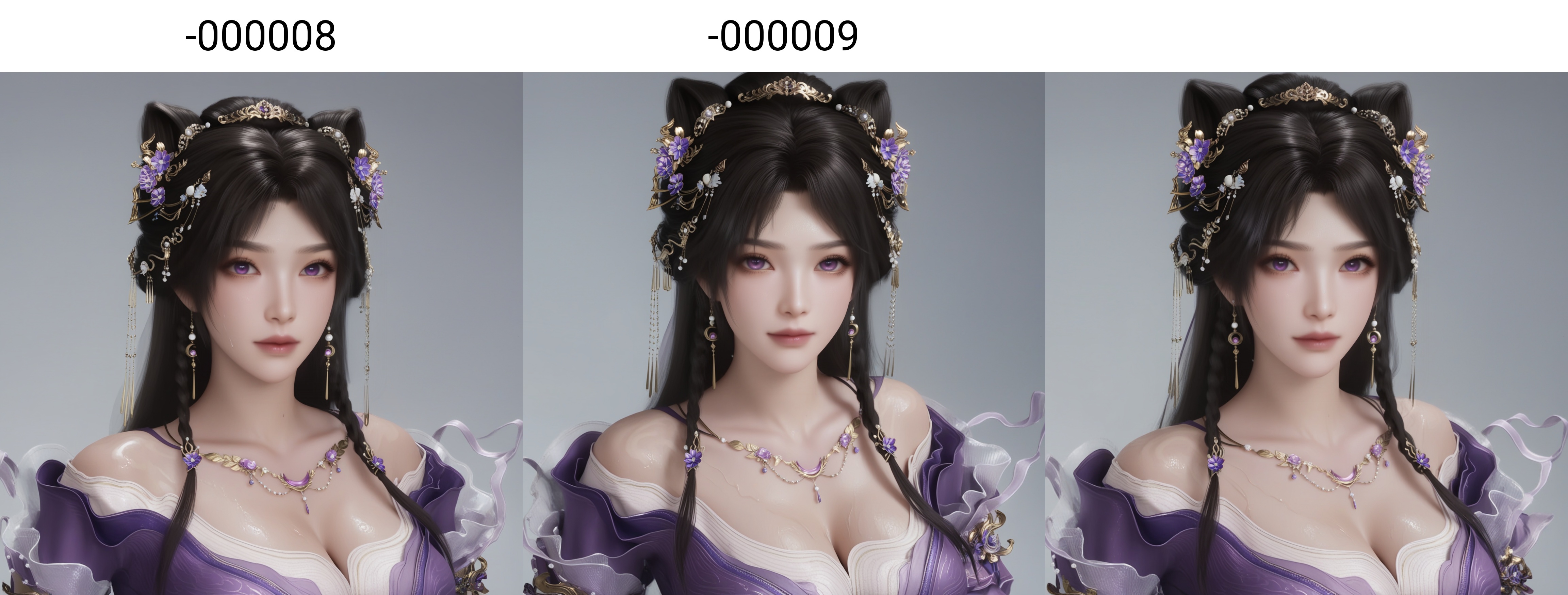 (score_9),1girl,solo,<lora:姬紫月-Apony-000008:0.85>,jiziyue,jewelry,hair ornament,black hair,hair flower,long hair,double bun,braid,earrings,off-shoulder dress,purple dress,necklace,purple eyes,collarbone,cleavage,large breasts,BREAKsolo focus,upper body,front view,<lora:e肤色滑块:0.6>,(white_skin),(sweaty skin),(light_skin),very sweaty,sweatdrop,BREAKsimple background,white background,