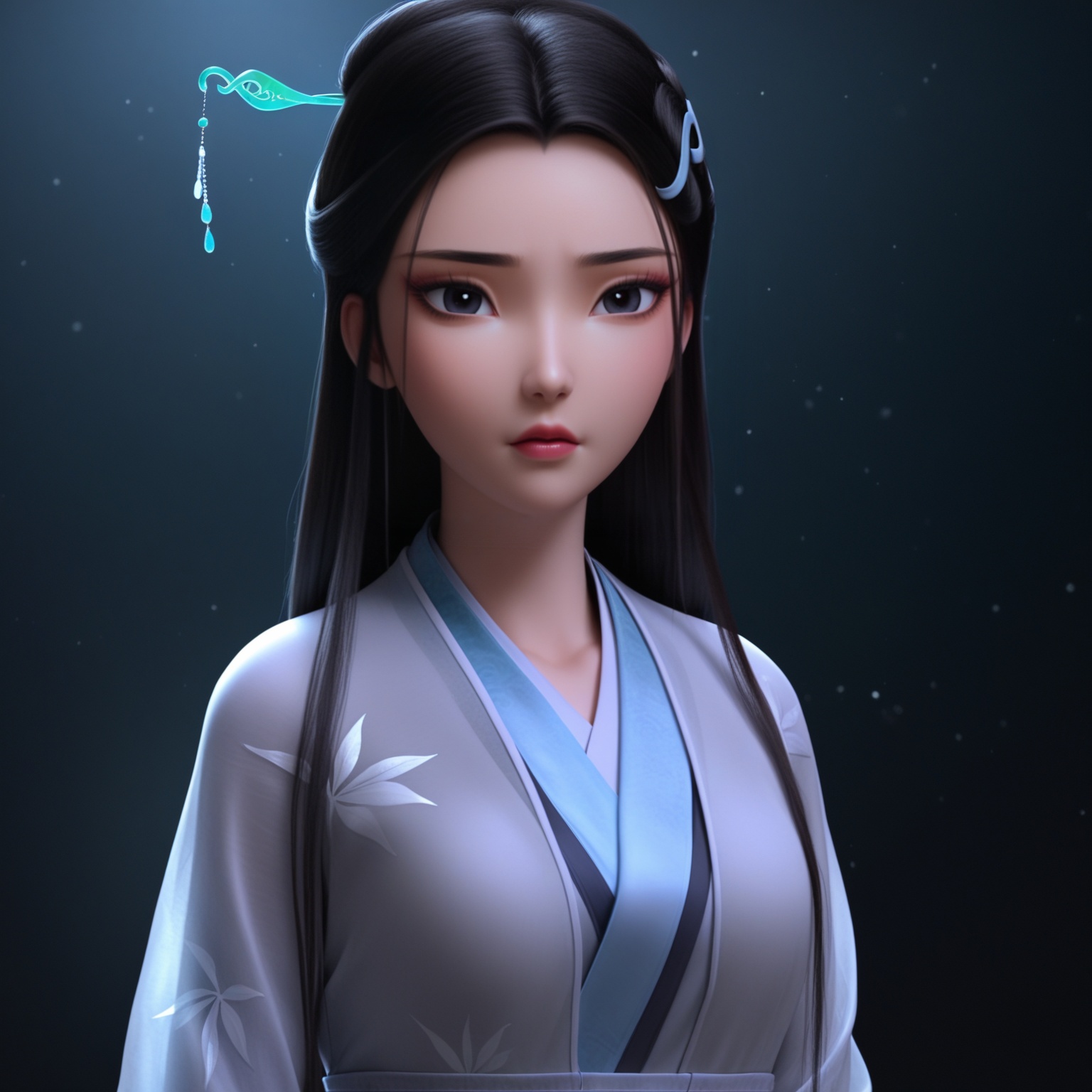 (score_9),masterpiece,best quality,absurdres,highres,(white_skin),light_skin,BREAKmature female,collarbone,<lora:白素贞-ill-000008:0.8>,1girl,solo,long hair,black hair,hair ornament,hairpin,hair ribbon,hanfu,maple leaf print,looking at viewer,front view,light blush,face_foucs,BREAKsimple background,black background,rim light,Tyndall effect,Cinematic Lighting,fog,twig,branch,glowing,sparkle,