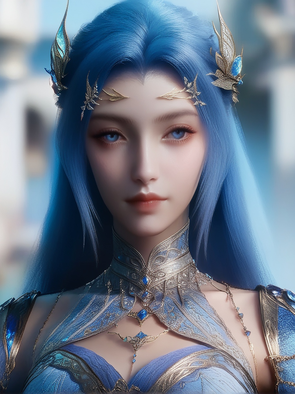 score_9,score_8_up,score_7_up,(portrait),(looking at viewer),1girl,solo,hair ornament,jewelry,necklace,detached collar,detached sleeves,blue long gauze dress,blurry background,depth of field,<lora:TangWuTongpony-000008:1>,twt BREAK