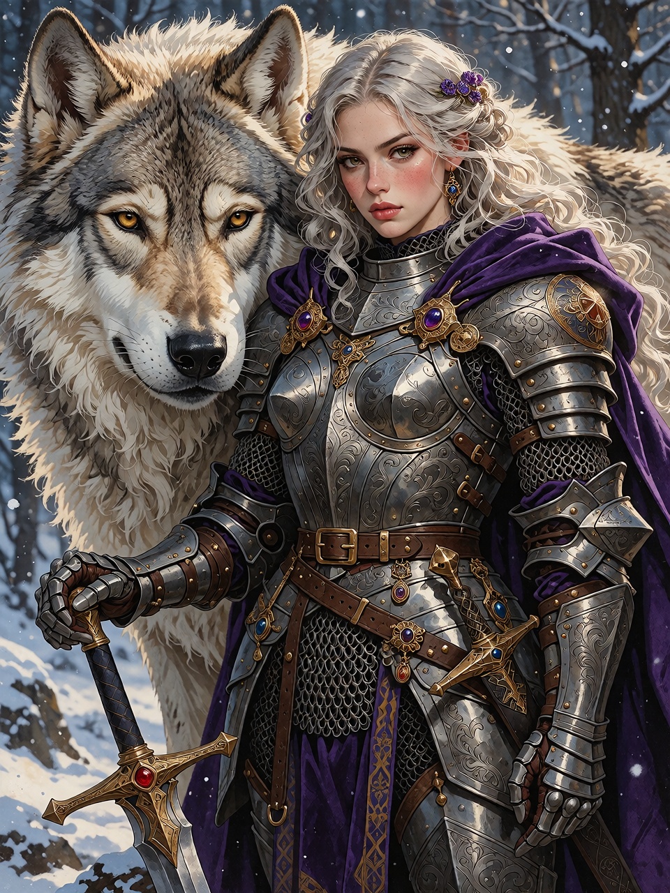 A powerful silver-haired female knight standing beside an enormous white wolf,  wearing beautifully crafted dark steel arm...