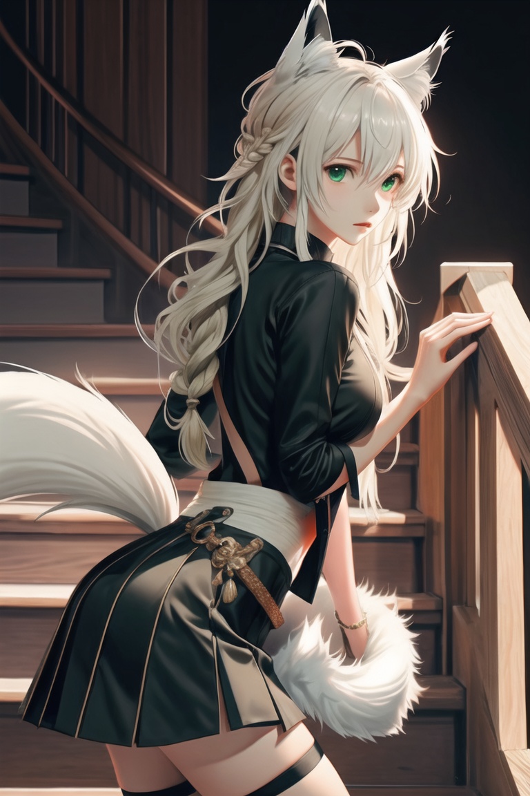 (masterpiece),best quality,from_side,Dark environment,Stand on one foot,Stand against the wall,One knee up,Lift one foot,Put foot against the opposite wall,1girl,shirakami fubuki,virtual youtuber,animal ears,fox ears,fox girl,white hair,fox tail,jacket,thigh strap,long hair,ahoge,bangs,braid,fur trim,green eyes,hair between eyes,stairs,sidelocks,looking at viewer,by ame929,
