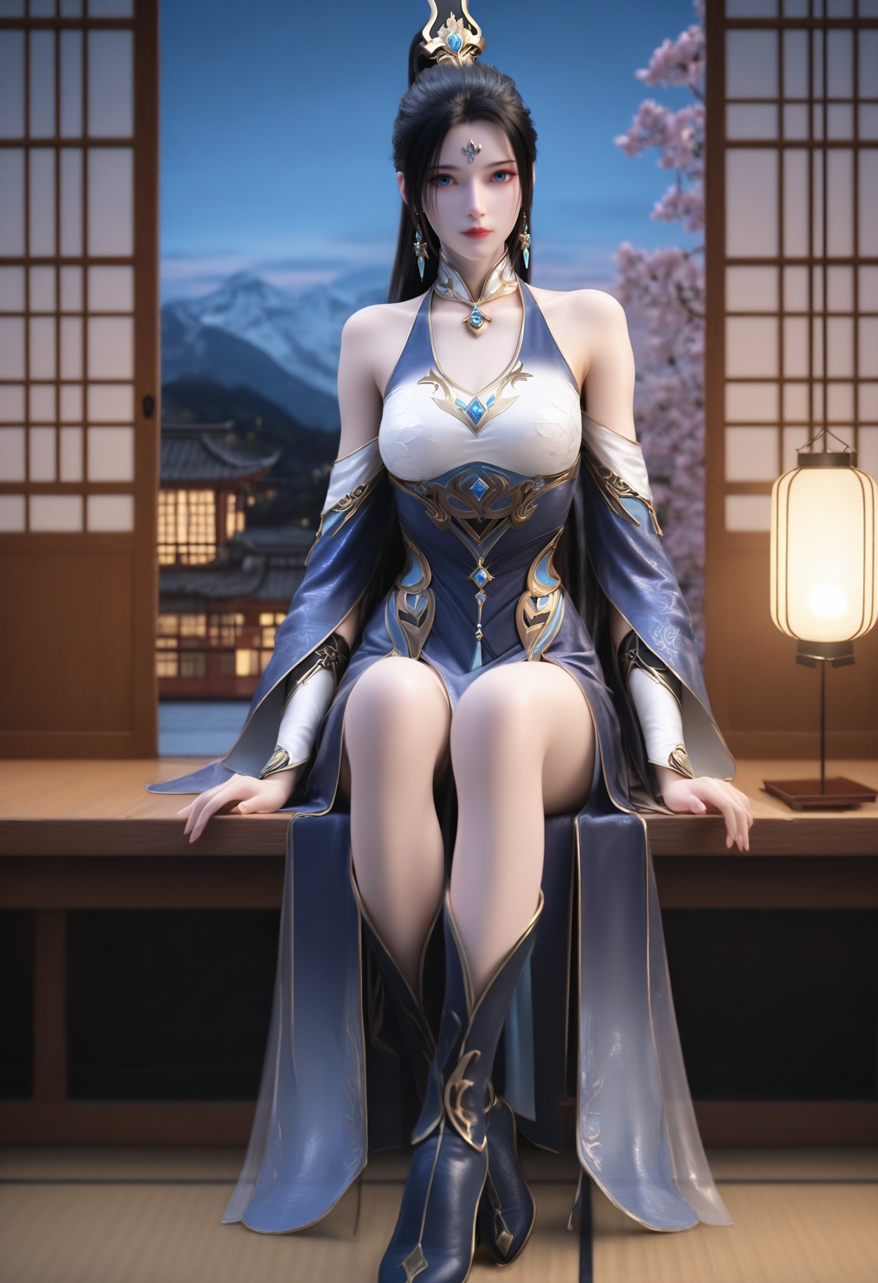 Ji_ningshuang,1girl,blue eyes,jewelry,earrings,long hair,black hair,looking at viewer,bare shoulders,hair ornament,facial mark,forehead mark,very long hair,high ponytail,earrings,<lora:Ji_ningshuang_10_illu-000004:0.75>,dress,detached sleeves,blue dress,high heels,boots,clothing cutout,wide sleeves,photorealistic,hyperrealistic,<lora:realistic filter [IL]:1>,(pale skin:1.1),sitting,lantern,open window,looking at viewer,indoors,mountains,blossoms,flowers,east asian architecture,beautiful sunrise,warm ambient temperature,
