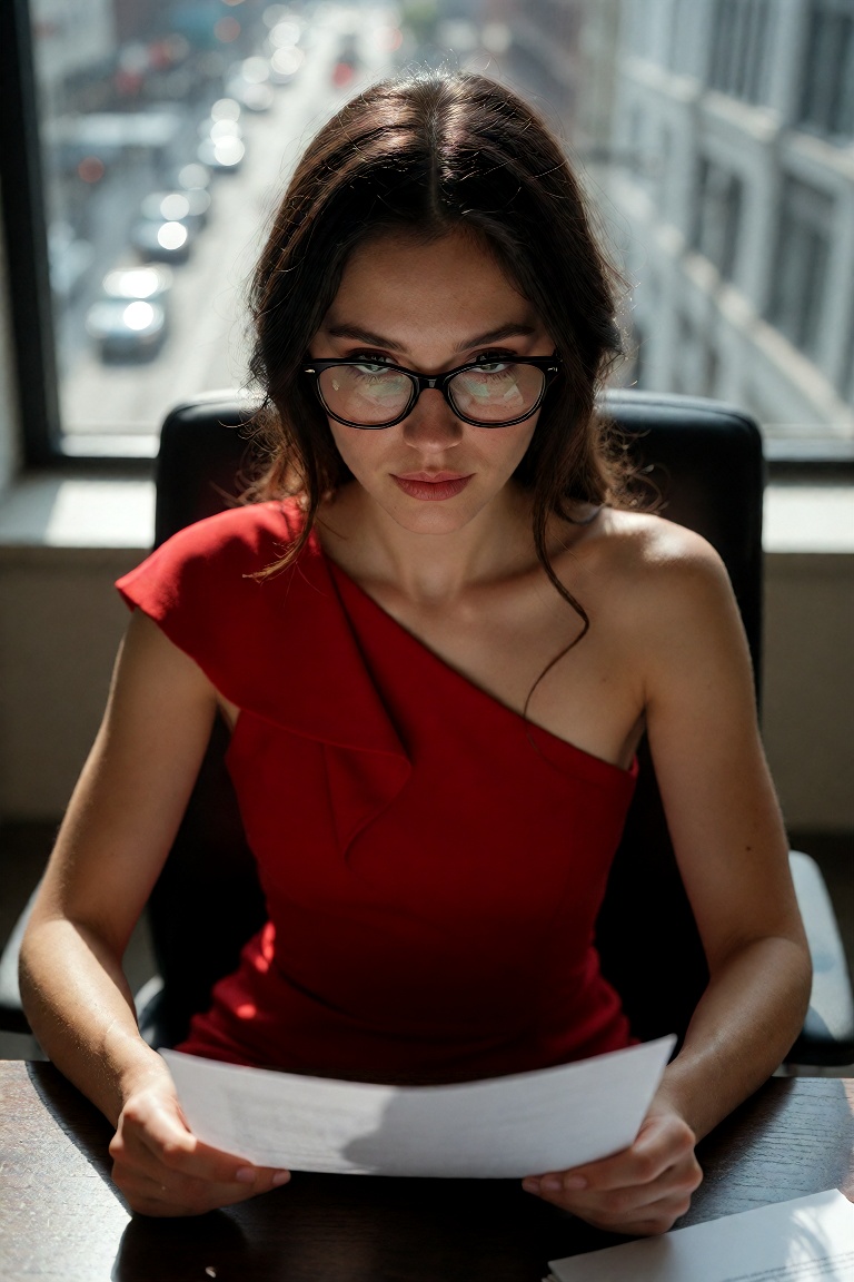 Cinematic frontal shot of a stylish woman wearing an elegant red dress,  only her torso visible,  sitting in a modern offi...