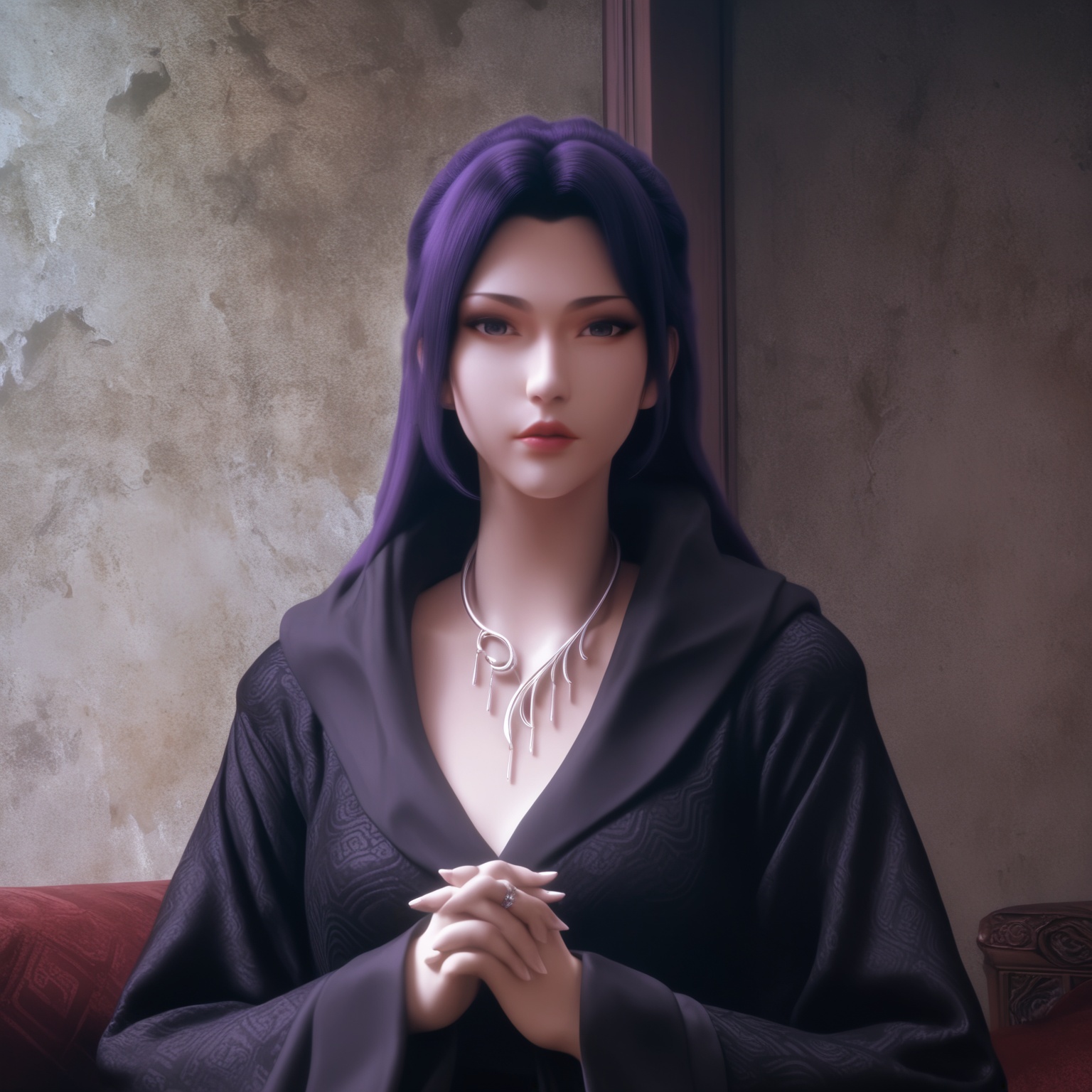 score_9,score_8_up,score_7_up,1girl, solo, jewelry, necklace, looking at viewer, long hair, ring, black dress, wide sleeves, purple hair, lips, own hands together, cowboy shot, robe, long sleeves,<lora:yunyunblack THV3:0.8>,