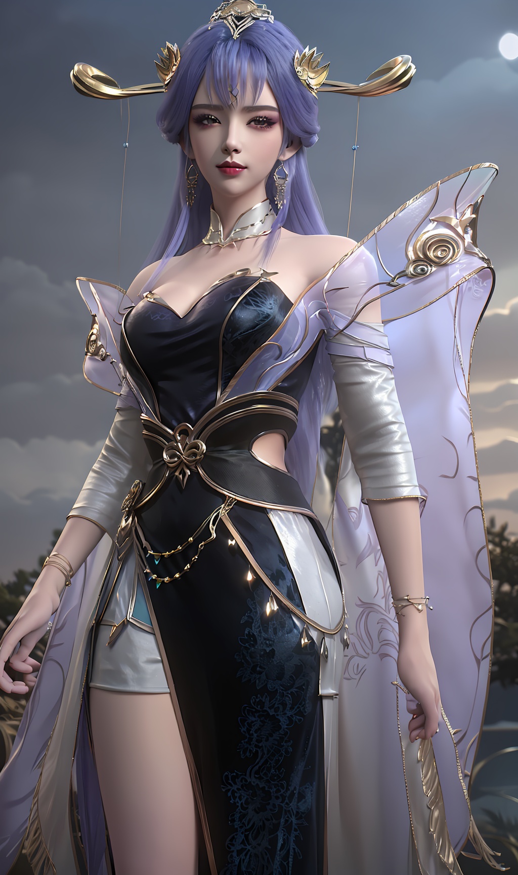 3D,masterpiece,(best quality),(makeup),official art, extremely detailed cg 8k wallpaper,((crystalstexture skin)), (extremely delicate and beautiful),(highly detailed),(face),(1girl), (solo), (jewelry), (earrings),(purple_hair),(long_hair),(hair_ornament),(handwear),(breasts),(standing),(collar),(headgear),(tassel),(long_sleeved),(detached_sleeves,(facial_mark),(bangs),(bracelet),,((tiara)),(hairpin),((crown)),,((upper_body)),(dress),,(multicolored_clothes),(multicolored_dress:1.000),(closed_mouth),(traditional_clothes:1.000),((long_dress,long_skirt)),,(gown),(shiny_clothes),(closed_mouth),(sunshine, outdoor),((looking_at_viewer)),((Facing the camera)), (long_legs),, <lora:hipoly3DModelLora_v10:0.3>