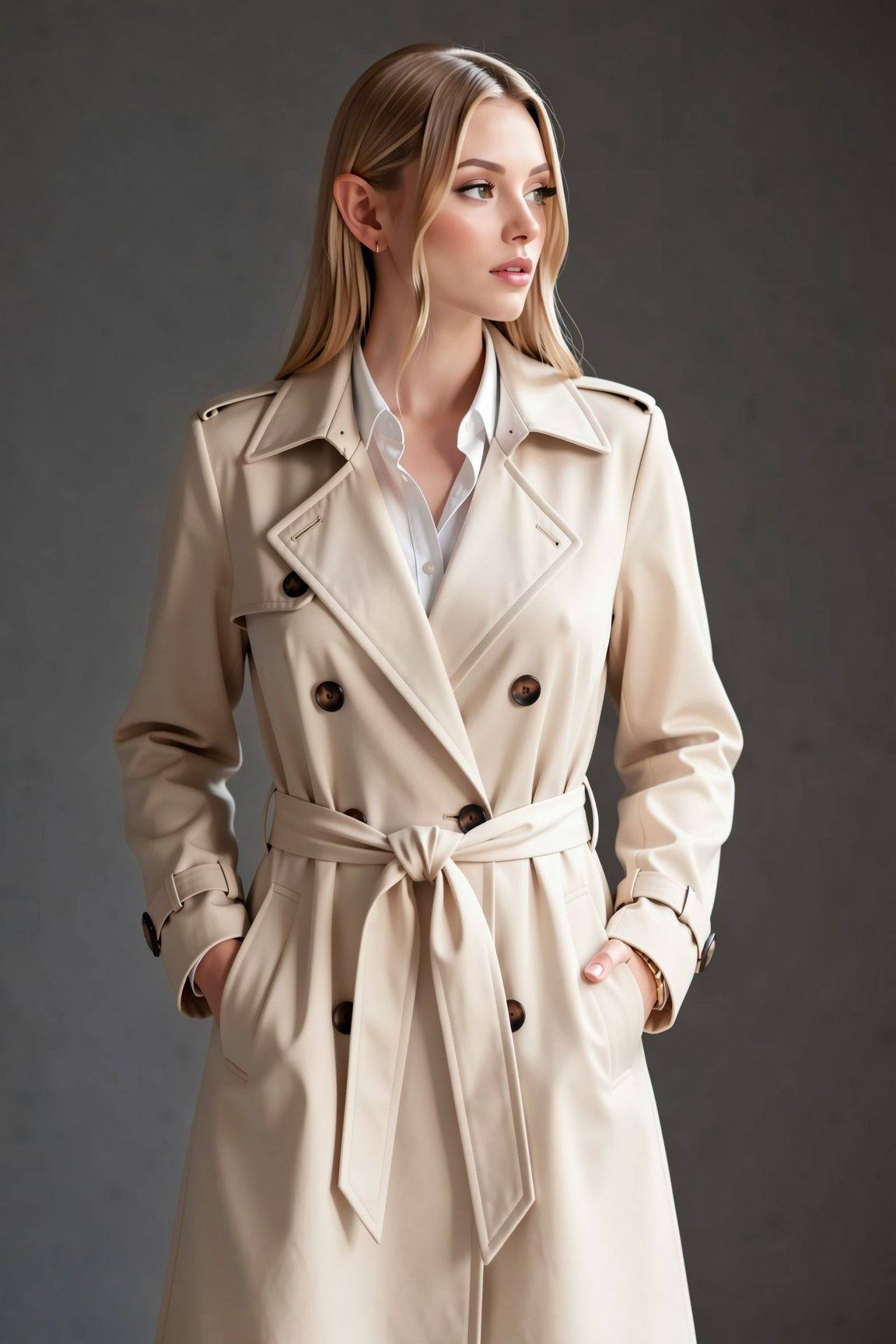 3lfn0sixmedium shot,  photo of a woman,  Cream-colored trench coat tied at the waist on Tensor.Art