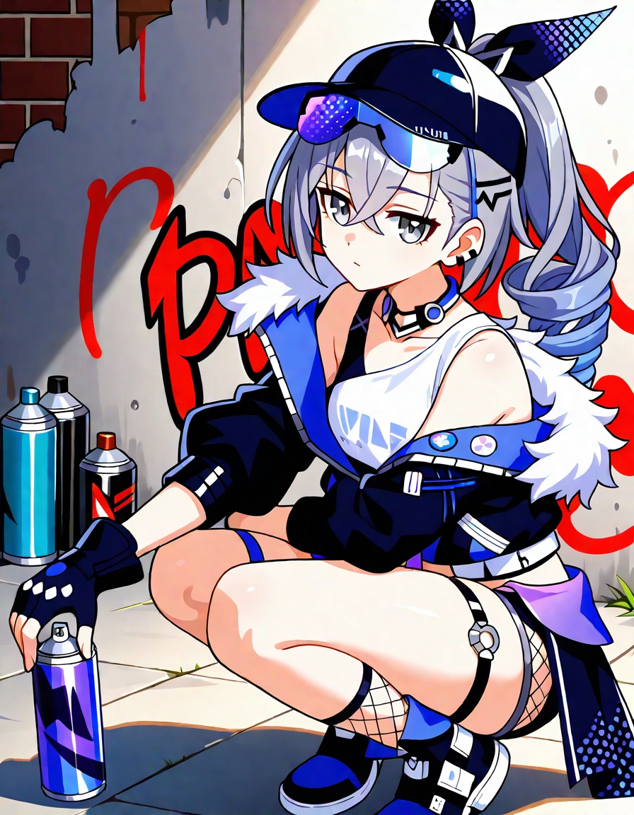 1girl, solo, grey hair, jacket, long hair, shoes, silver wolf \(honkai: star rail\), hat, looking at viewer, squatting, black jacket, baseball cap, grey eyes, shorts, drill hair, graffiti, sneakers, holding, black shorts, thigh strap, fur trim, bare shoulders, black headwear, hair ornament, thighs, spray can, off shoulder, bottle, fishnets