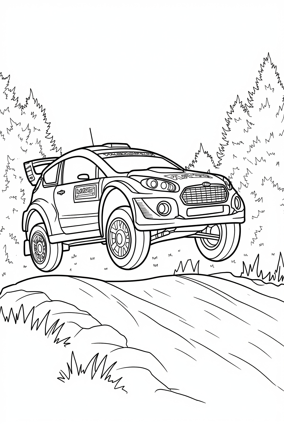 Dynamic coloring book page of a rally car airborne over a dirt jump in a forested area,  intricate wheel and body details,...