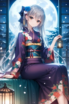 (masterpiece),(best quality),illustration,ultra detailed,hdr,Depth of field,(colorful),1girl,solo,japanese clothes,long hair,kimono,cage,smile,sash,looking at viewer,sitting,floral print,flower,birdcage,hair ornament,moon,obi,petals,long sleeves,closed mouth,bow,night,rose,wide sleeves,full moon,blue flower,hair bow,very long hair,brown eyes,holding,hair flower,print kimono,white flower,purple kimono,head tilt,hair between eyes,