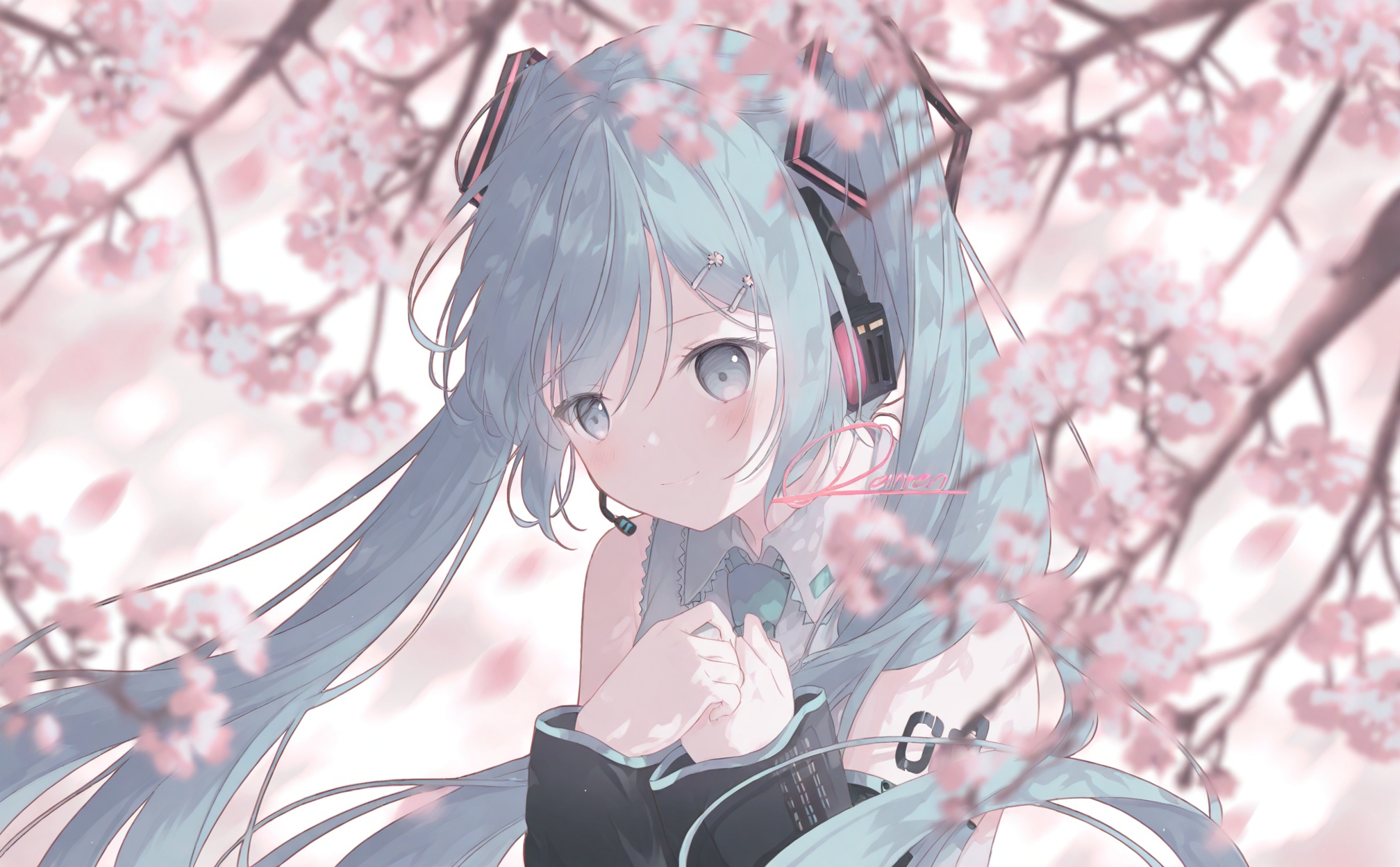 best, 1girl, hatsune miku, solo, long hair, twintails, cherry blossoms, hair ornament, upper body, blurry foreground, smile, headset, detached sleeves, shirt, blurry, sleeveless shirt, spring (season), flower, pink flower, closed mouth, sleeveless, headphones, bare shoulders, black sleeves, white shirt, signature, aqua necktie, depth of field, necktie, blue hair, very long hair, branch, collared shirt, aqua hair, petals, blurry background, blue eyes, light smile, outdoors, own hands together, musical note, aqua eyes, miku day, blush, artist name, hands on own chest, hairclip, frills, hands up, grey shirt, hair between eyes, floating hair, long sleeves, shoulder tattoo, looking down, pink theme, grey eyes, microphone, dappled sunlight, sidelighting, holding, leaning forward, falling petals, day, number tattoo, hand up, sidelocks, from side, sunlight, tree, 39, light blush, character name, looking at viewer, hand on own chest <lora:lp42.e-000046:0.8>