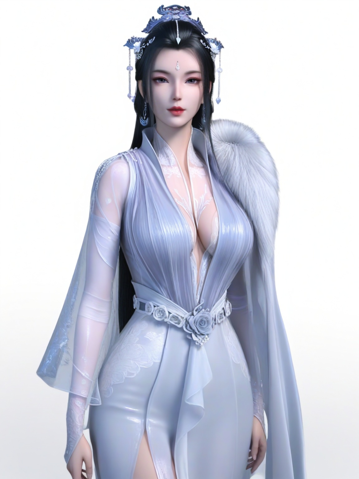 score_9,dress,black hair,long hair,hair ornament,forehead mark,1girl,breasts,large breasts,standing,solo,mole under eye,eyeshadow,fur,lipstick,white background, looking at viewer,cowboy_shot,<lora:SF_YueYao_Pony_Realism2.3-000003:0.7>,