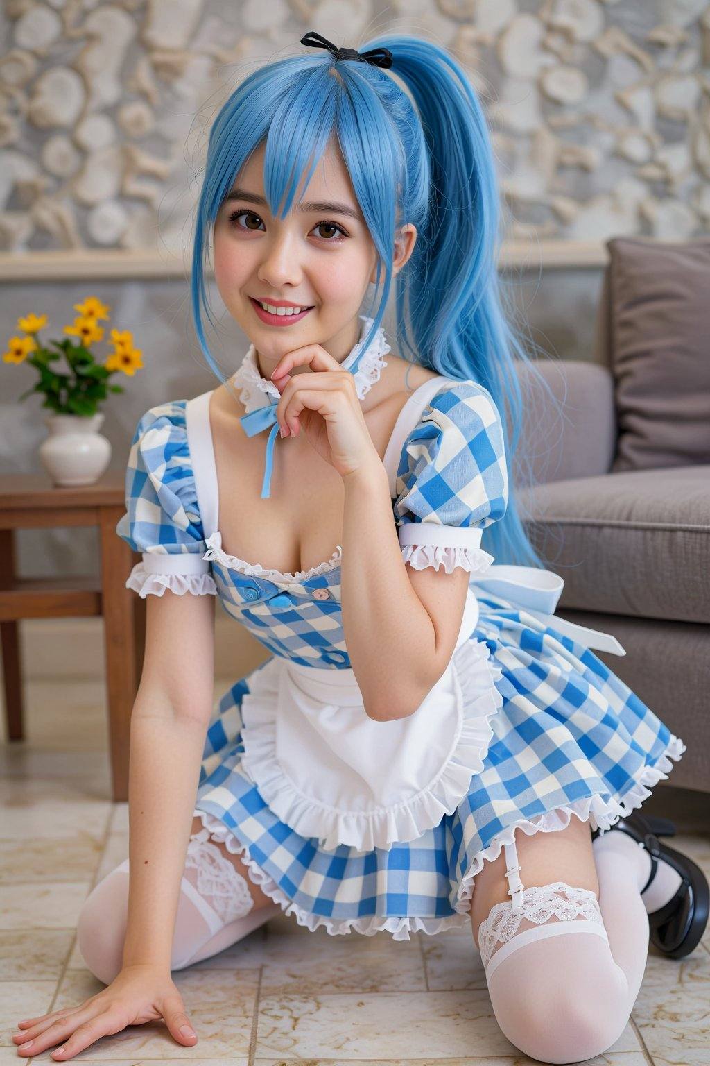 The image depicts a young woman with light skin and blue hair styled in a high ponytail with black hair ties. She has a cu...