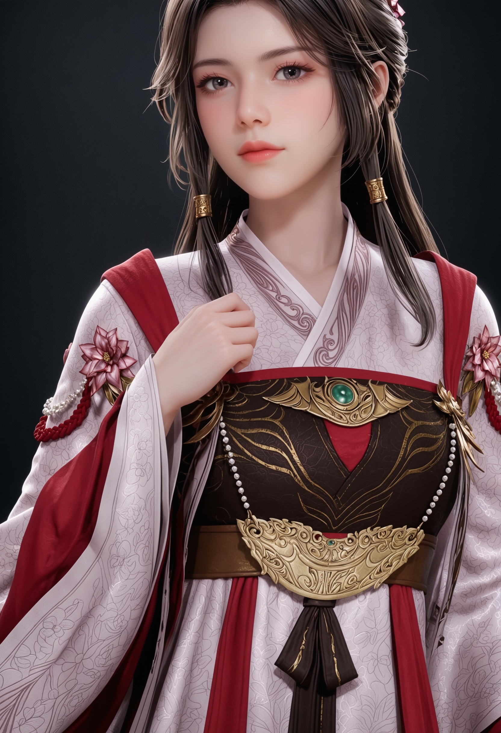 perfect_anatomy,(score_9:1.1),(upper_body:1.1),looking_at_viewer,<lora:YQ_pony_lingyuxiu_V3:0.8>,q1528437228,1girl,solo,long hair,white background,black hair,chinese clothes,realistic,hair ornament,brown hair,hanfu,lips,long sleeves,wide sleeves,dress,jewelry,brown eyes,hair flower,perfect_anatomy BREAK (perfect_anatomy:1.1),mature female,(simple background,pure black background,black background:1.1),(shiny_skin),(Ivory_skin:1.1),(cinematic lighting),