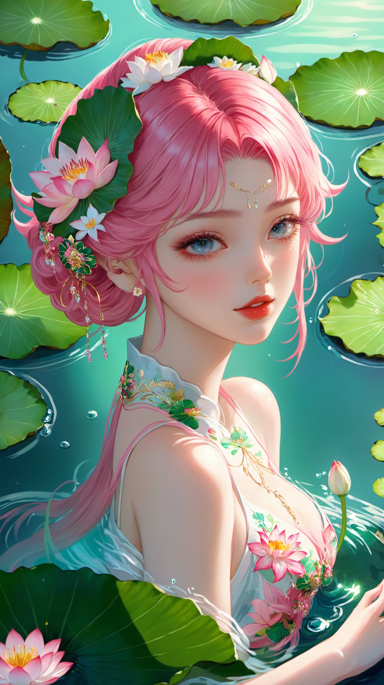 highly detailed,ultra-high resolutions,32K UHD,best quality,masterpiece,exquisite style,1girl,lily pad,water,A serene-looking female character with pink hair and adorned with floral accessories is surrounded by lily pads and flowers in a tranquil water setting.,<lora:Exquisite style-000007:0.72>,