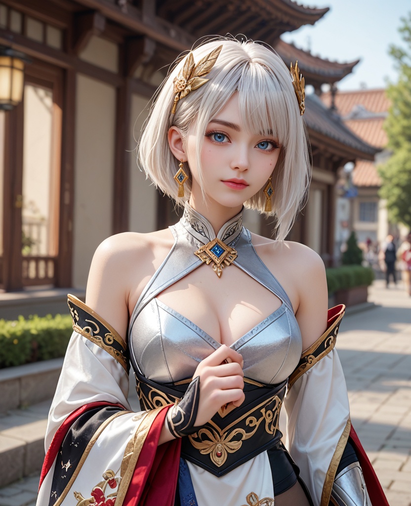 (oriental architecture, elegant decor, sophisticated style:1.1),(Bending down to tie shoelaces, with a child or younger sibling imitating the same action,:1.1),(large breasts:1.2),<lora:ILCG王者荣耀东方镜:0.95>,1girl,form-fitting geometric chrome armor,blue eyes,white hair,short hair,hair ornament,earrings,black leather tights,bare shoulders,black fingerless gloves,detached sleeves,, score_9,score_8_up,score_7_up,score_6_up,score_5_up,score_4_up,3d rendering,tag1,tag2, Cinematic Lighting,backlighting,, zPDXL3, zPDXL2,zPDXL, zPDXLxxx, zPDXLrl,