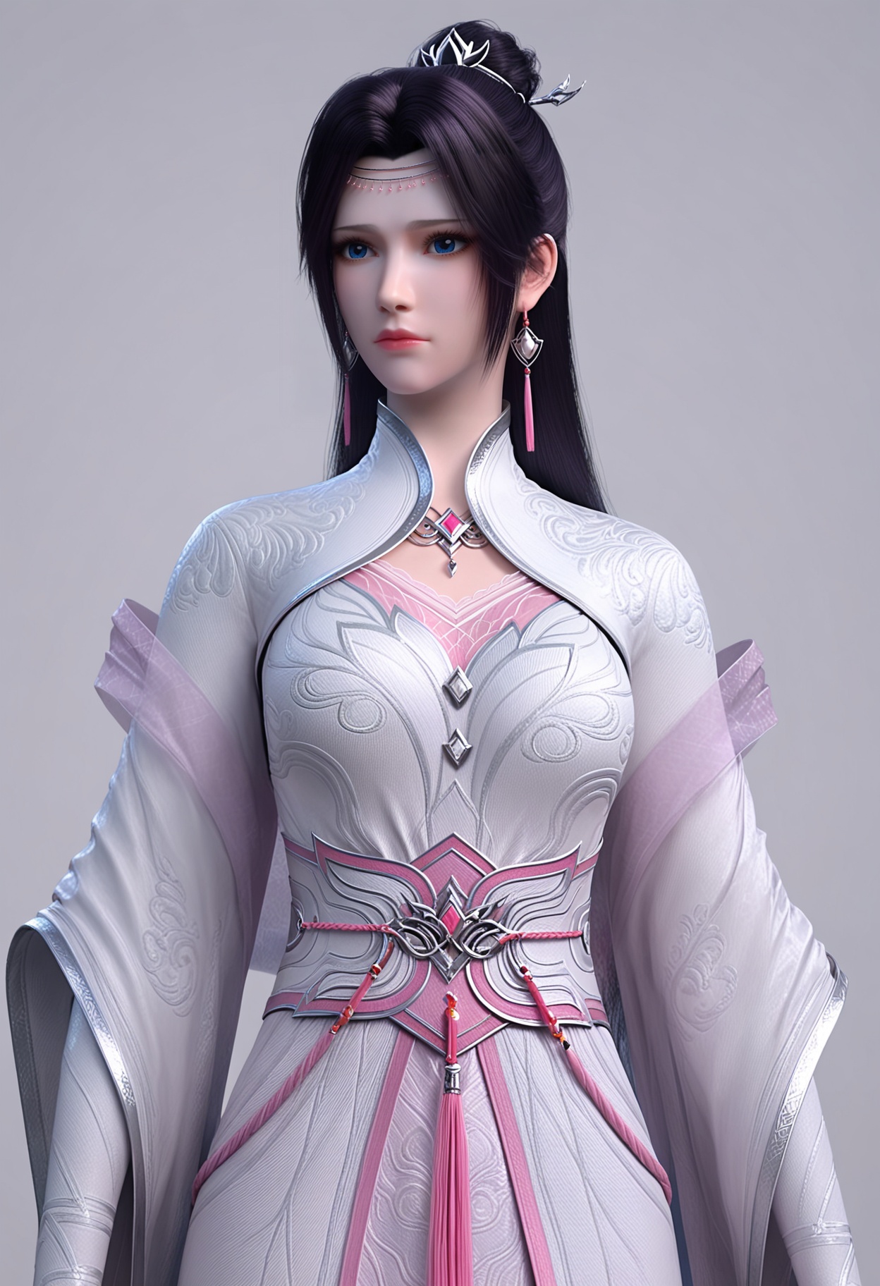 score_9,high detail,best quality,shiny skin,shiny,yunyunhz,1girl,solo,blue eyes,long hair,black hair,white background,dress,jewelry,earrings,chinese clothes,simple background,closed mouth,realistic,hair ornament,white dress,expressionless,hair bun,tassel,long sleeves,looking at viewer,thighs,<lora:QQSponyyunyunhzV1:0.8>,<lora:Pony_DetailV2.0:0.8>,<lora:皮肤凹痕:0.1>,