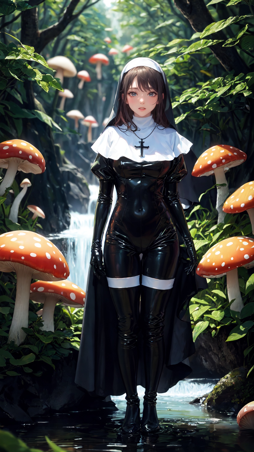 tutututu, nun,cross necklace, latex bodysuit, shiny clothes,thigh_boots,***** Alice in wonderland standing in stream, large mushrooms in background , highly detailed,  Beautiful lighting, photoreal, 4k, depth of field, night scene, light from godrays shining on ground, <lora:tutu修女:0.65>
