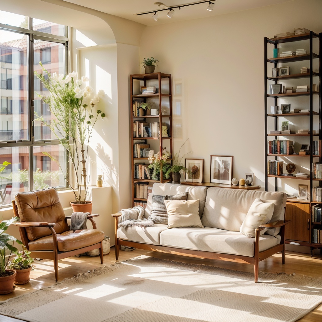 Interior, sofa, plants, scenery, no humans, bookshelves, couches, potted plants, scenery, Windows, flower POTS, sunlight, 