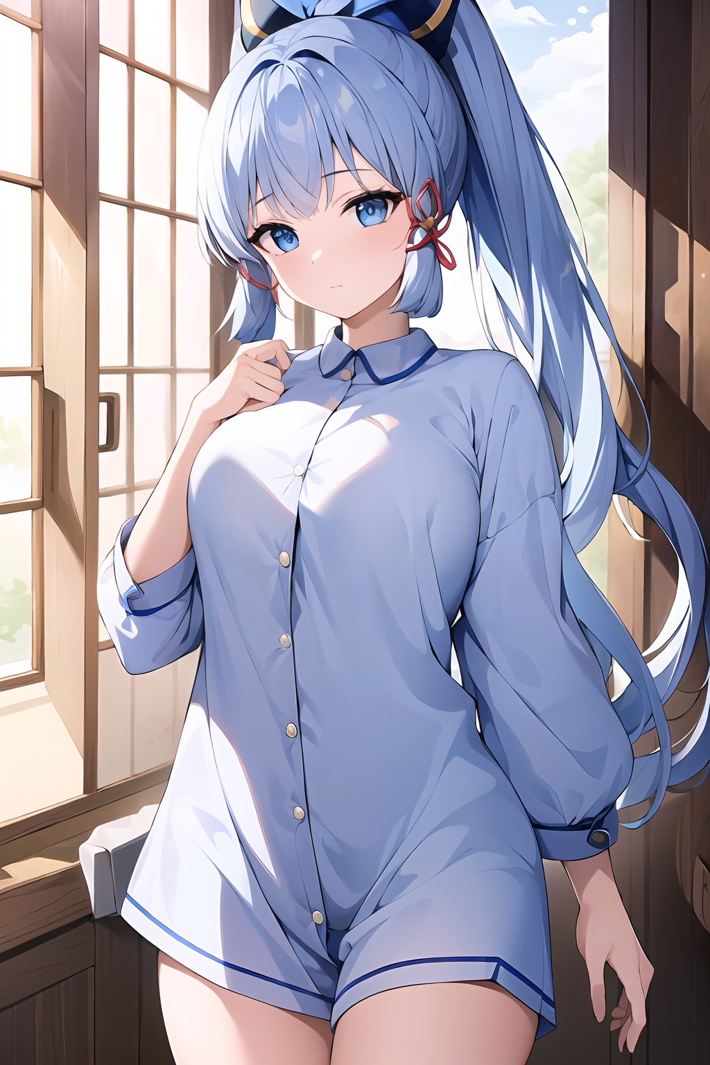 (masterpiece, best quality:1.2),insanely detailed,absurdres,ultra-highres,ultra-detailed,best quality,slender,kawaii,perfect symmetrical face,ultra cute girl,ultra cute face,ultra detailed eyes,ultra cute,ultra beautifu,<lora:kamisato ayaka-000008:0.7>,kamisato ayaka,1girl,solo,blue hair,grey eyes,breasts,ponytail,indoors,standing,print_pajamas,