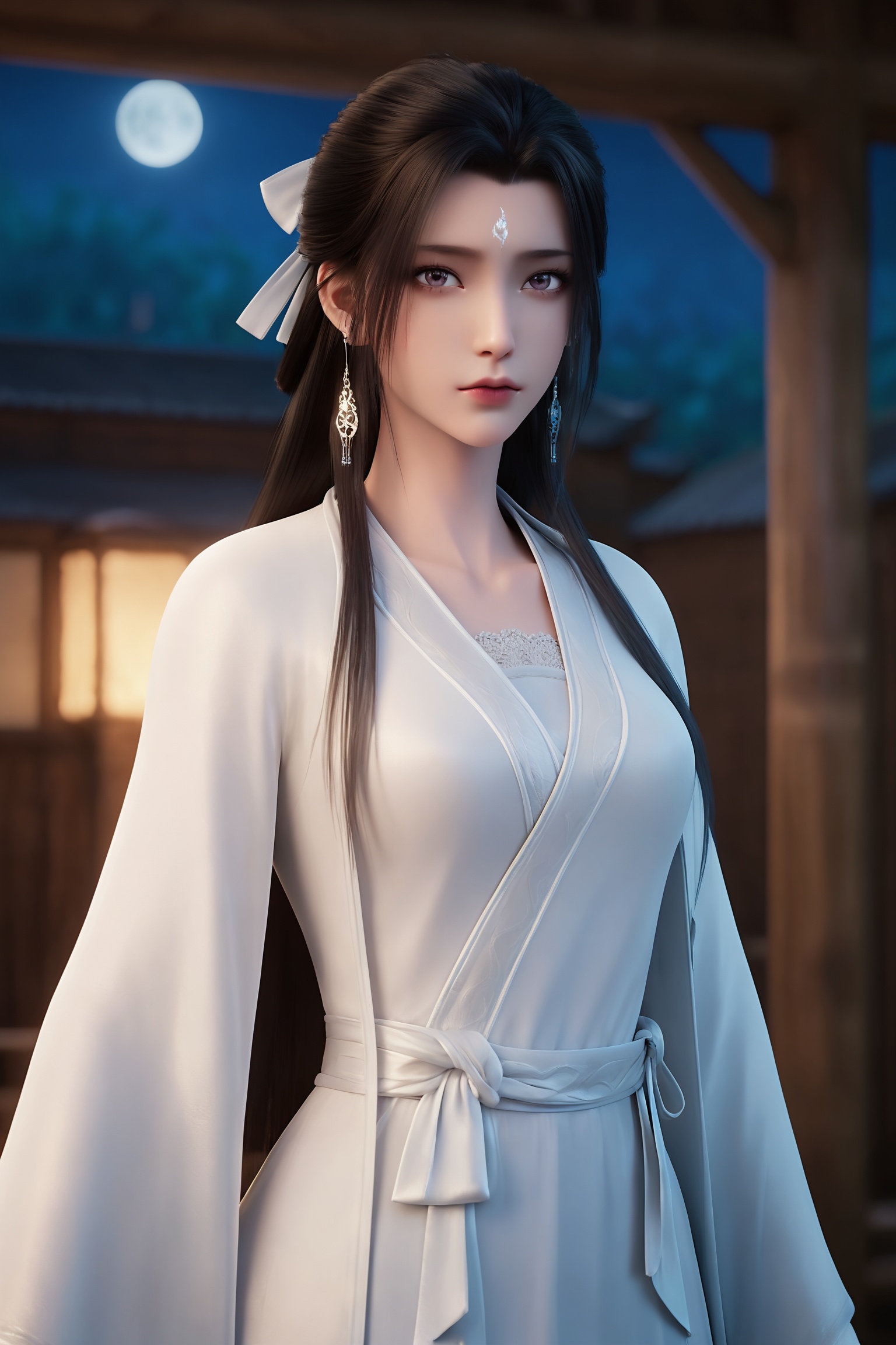 <lora:诛仙3-陆雪琪睡袍Pony:0.8>,1girl,long,straight black hair,flowing,white traditional Chinese robe,white sash,long sleeves,two long braids,pair of white,, 1girl,solo,shiny,shiny_hair,upper_body,fair_skin,white_skin,shiny_skin,shiny,Ivory_skin,looking at viewer,cinematic lighting,volumetric lighting,solo focus,blurry background,depth of field,night,sky,night sky,full moon,moonlight,
