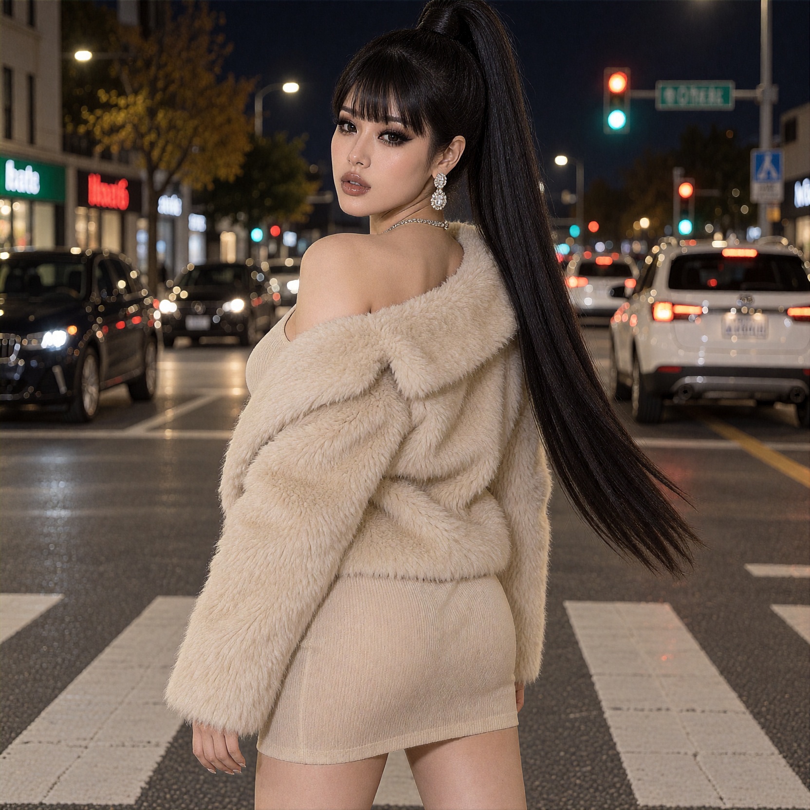 Brat6,  high pony tail posing on a crosswalk at night with blurry traffic lights,  looking back over her shoulder on Tenso...