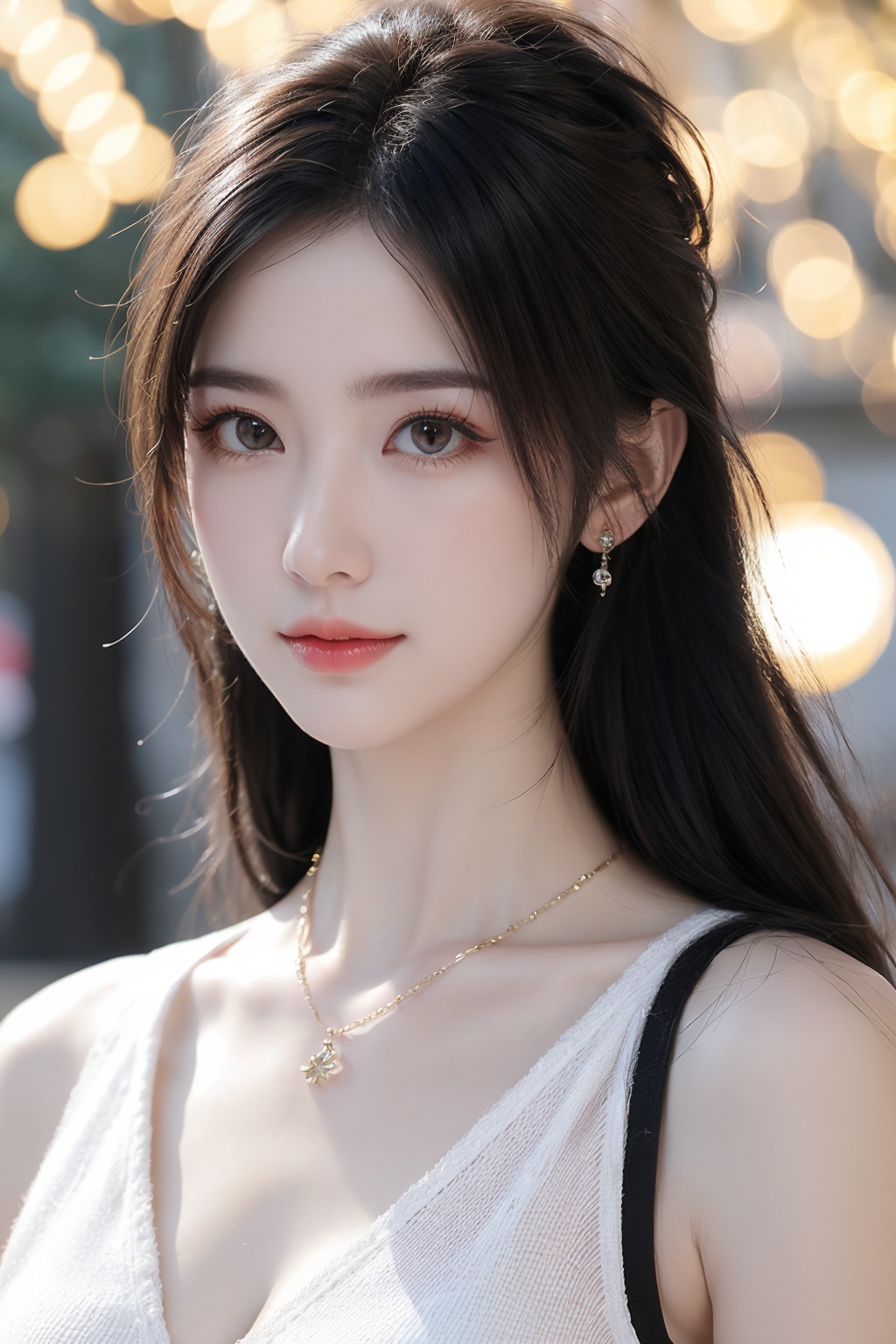 1girl, black hair, blurry, blurry background, bokeh, depth of field, jewelry, lens flare, lips, long hair, looking at viewer, necklace, outdoors, sleeveless, solo <lora:美女:0.8>
