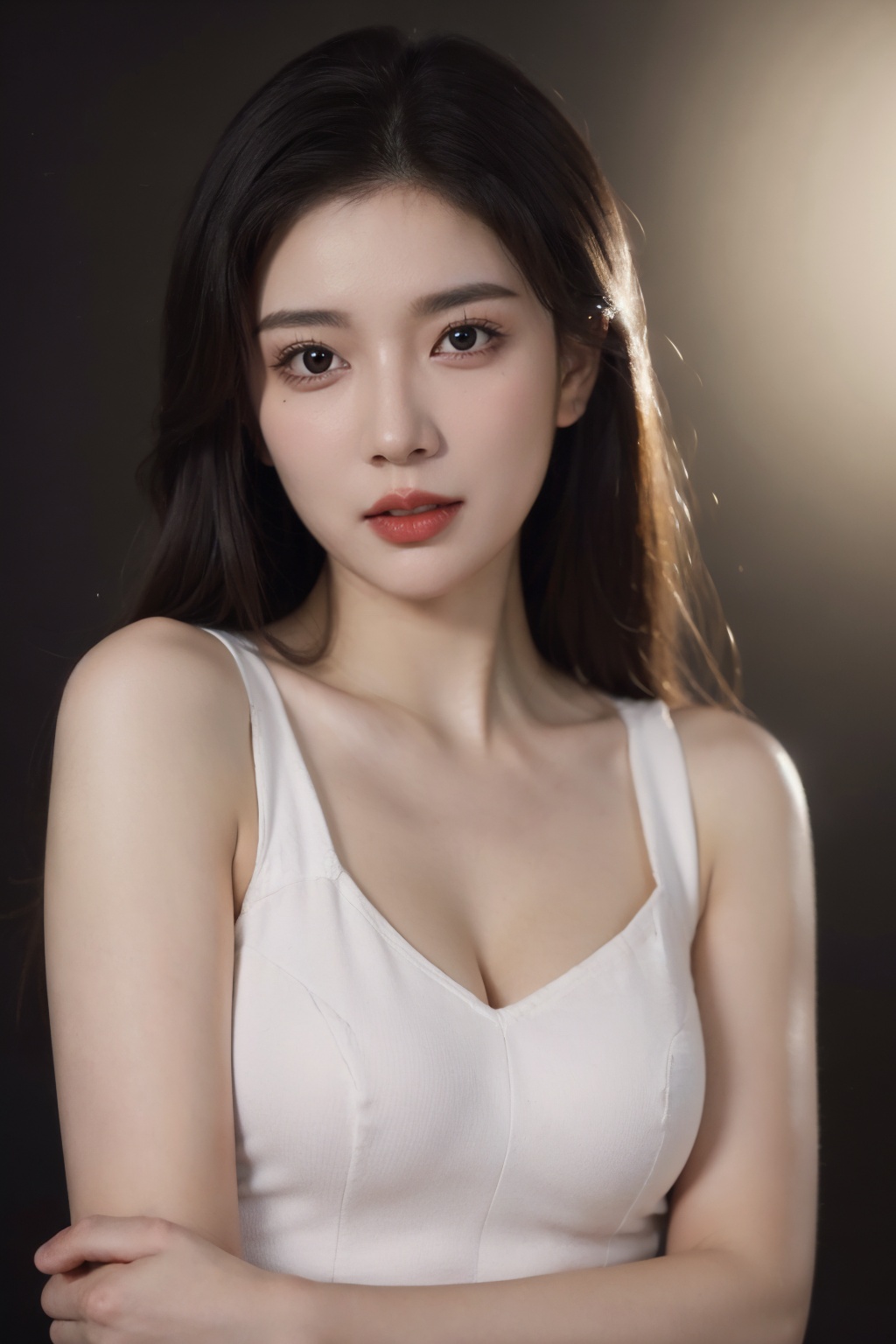 (mature female:1.1),close up,looking at viewer,solo,1 girl,medium breasts,curvy,shiny_skin,photorealistic,realistic,(crossed arms),(master piece:1.4, best quality:1.4, fine fabric emphasis, intricate details, sharp focus, UHD, 8K, Ultra Detailed 8K CG, hyper realistic, super detailed,ultra realistic, extremely detailed CG unity 8k wallpaper, ultra high res, High quality texture, High quality shadow),(sexy, atractive),(dark photo:1.3),(dark tone low key film:1.2),(clear eyes:1.1),(wide-eyed:1.1),textured hair,textured skin,,,KK20240907005,<lora:LEOSAM's Instant photo 拍立得_Polaroid LoRA_InspX Borderless Version:0.3>,<lora:KK_20240907235430:0.4>