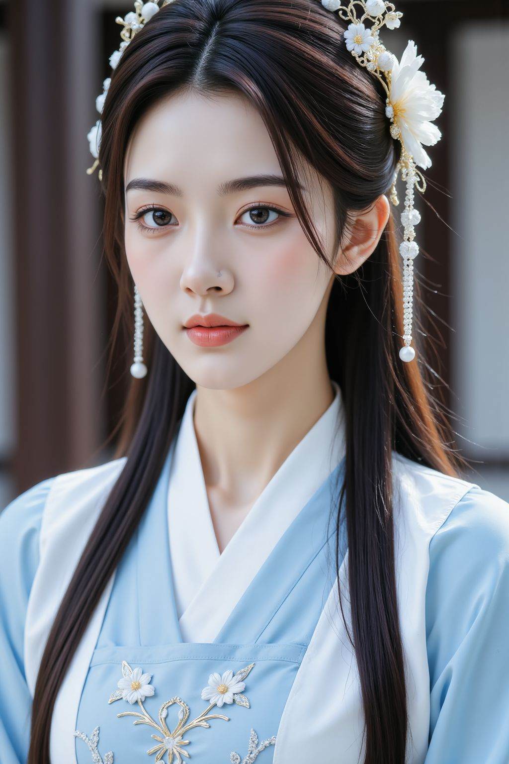 The image depicts a person dressed in traditional East Asian attire, specifically a blue and white hanfu. The individual is adorned with intricate floral embroidery on the fabric, and a delicate, ornate hairpiece featuring white flowers and golden accents. The hair is styled in a sleek, formal manner, with long, straight strands falling over the shoulders. The background is blurred, suggesting a focus on the subject in the foreground. The overall aesthetic is serene and elegant, with a strong emphasis on the traditional and cultural elements of the attire and accessories.