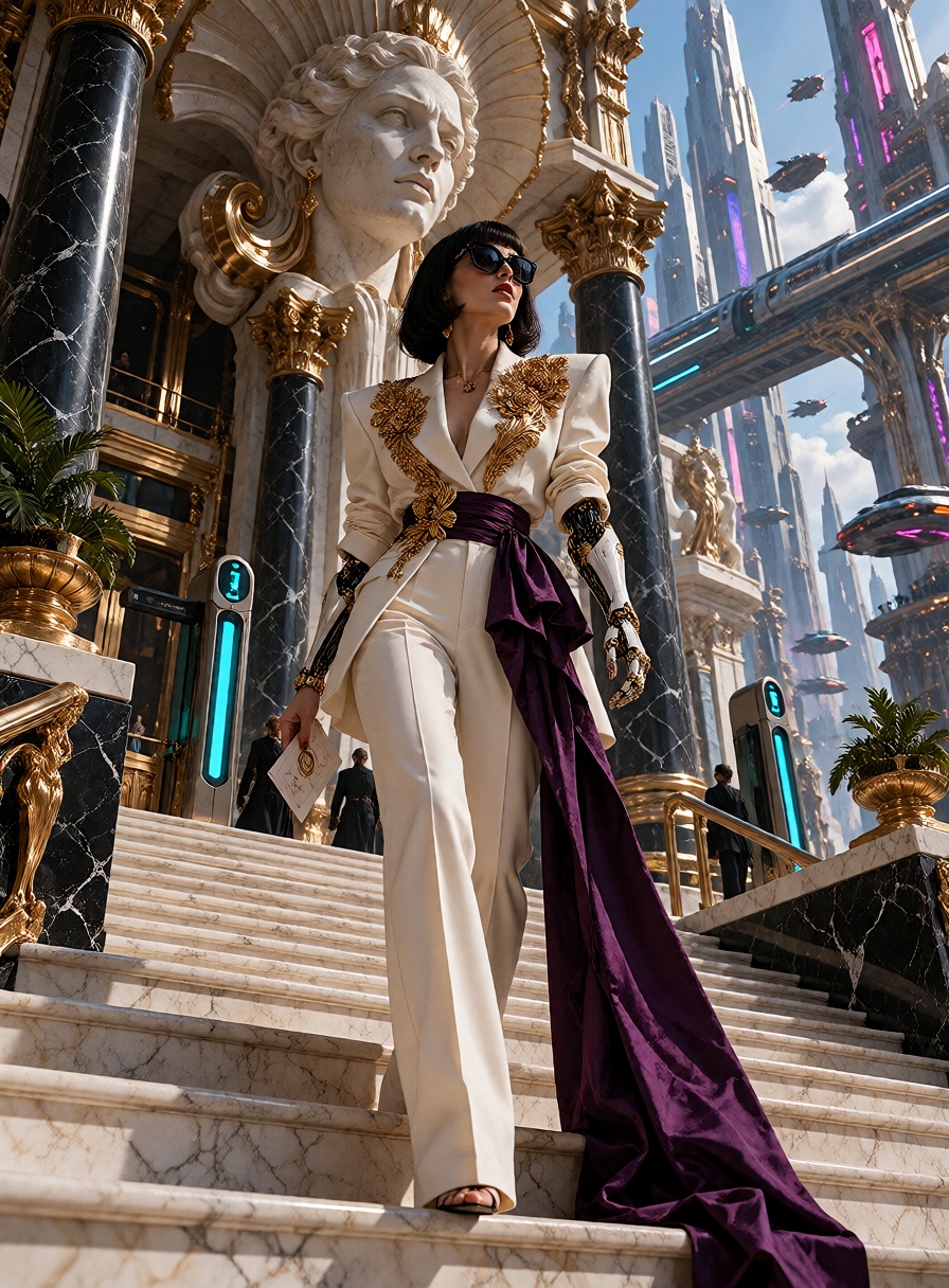 A young woman with a dark bob and black sunglasses descends broad white marble steps. Her white trouser suit has pronounce...
