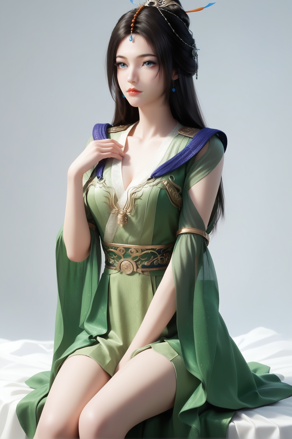 score_9,score_8_up,score_7_up,<lora:wy_liuyu_XL7.0:0.8>,1girl,long hair,breast,medium breast,hair_ornament,dress,thick_thighs,sitting,simple background,white_background,black hair,blue eyes,green_dress,