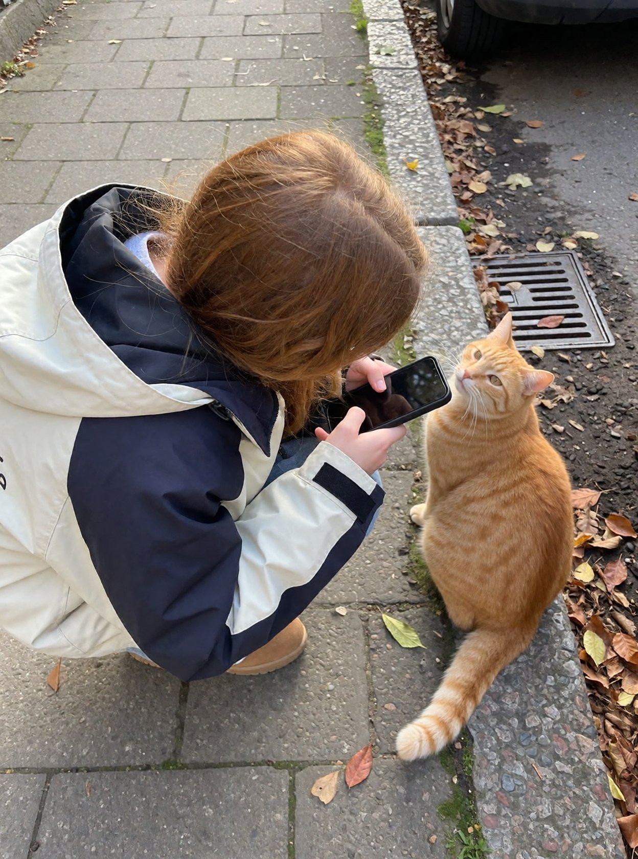 r3ealism,  A high-angle,  outdoor shot captures a person with auburn hair crouching on a concrete sidewalk on Tensor.Art