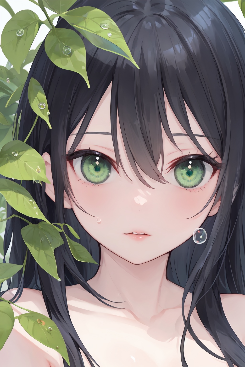 1girl,solo,green eyes,long hair,parted lips,black hair,leaf,looking at viewer,water drop,bangs,portrait,close-up,collarbone,bare shoulders,hair between eyes,bright eyes,clear eyes,mi-style,